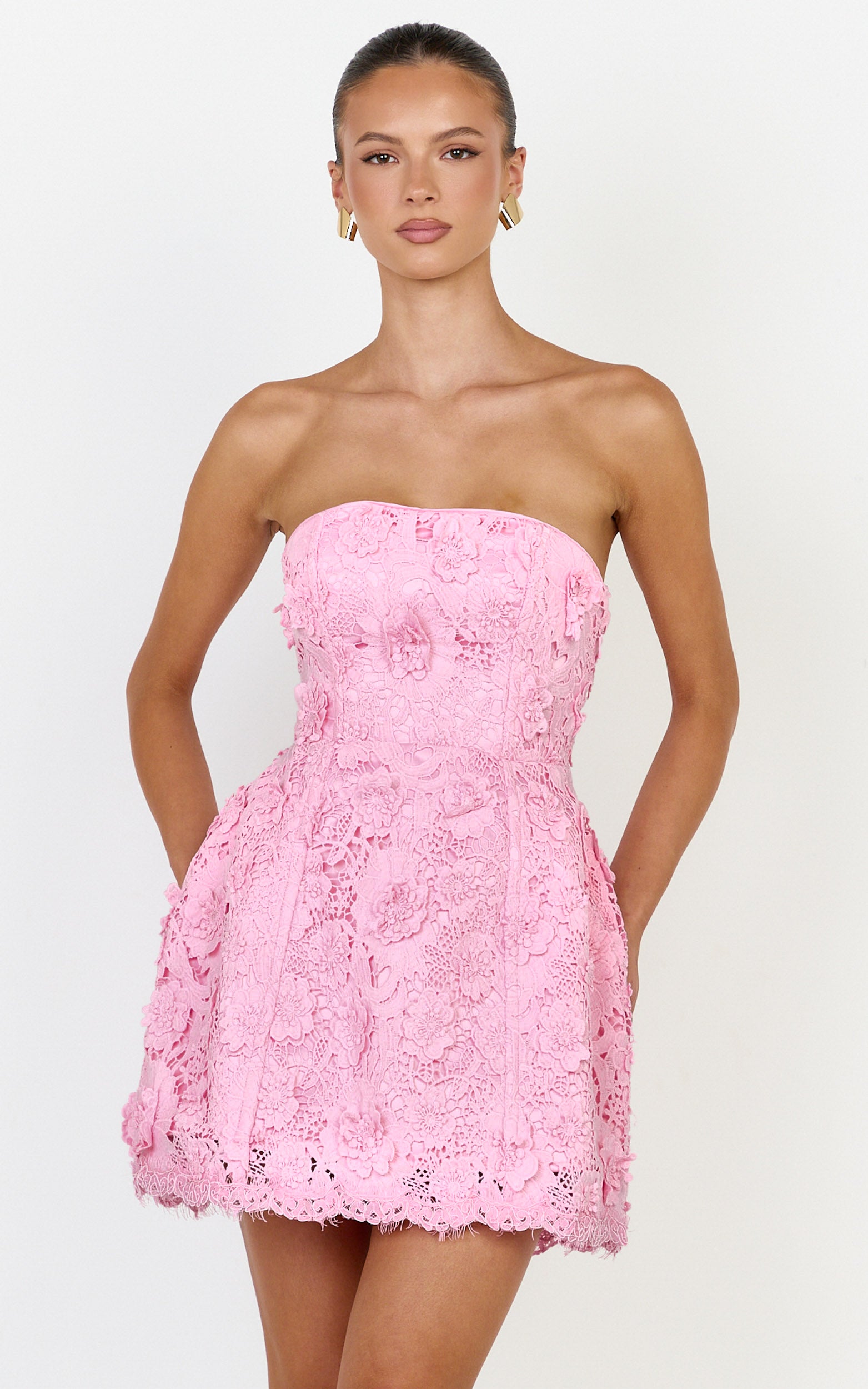 Maristella Mini Dress - Strapless Lace Up Back A Line Dress in Pink - View 1