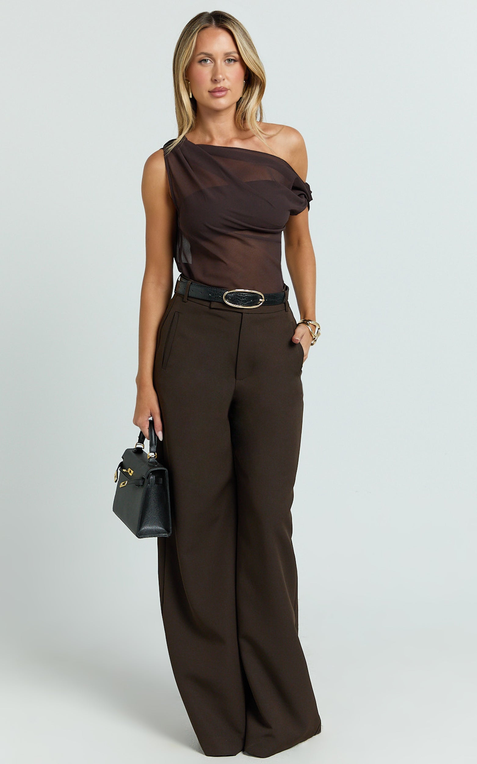 Milla Top - Georgette Asymmetric Draped Top in Chocolate - View 3