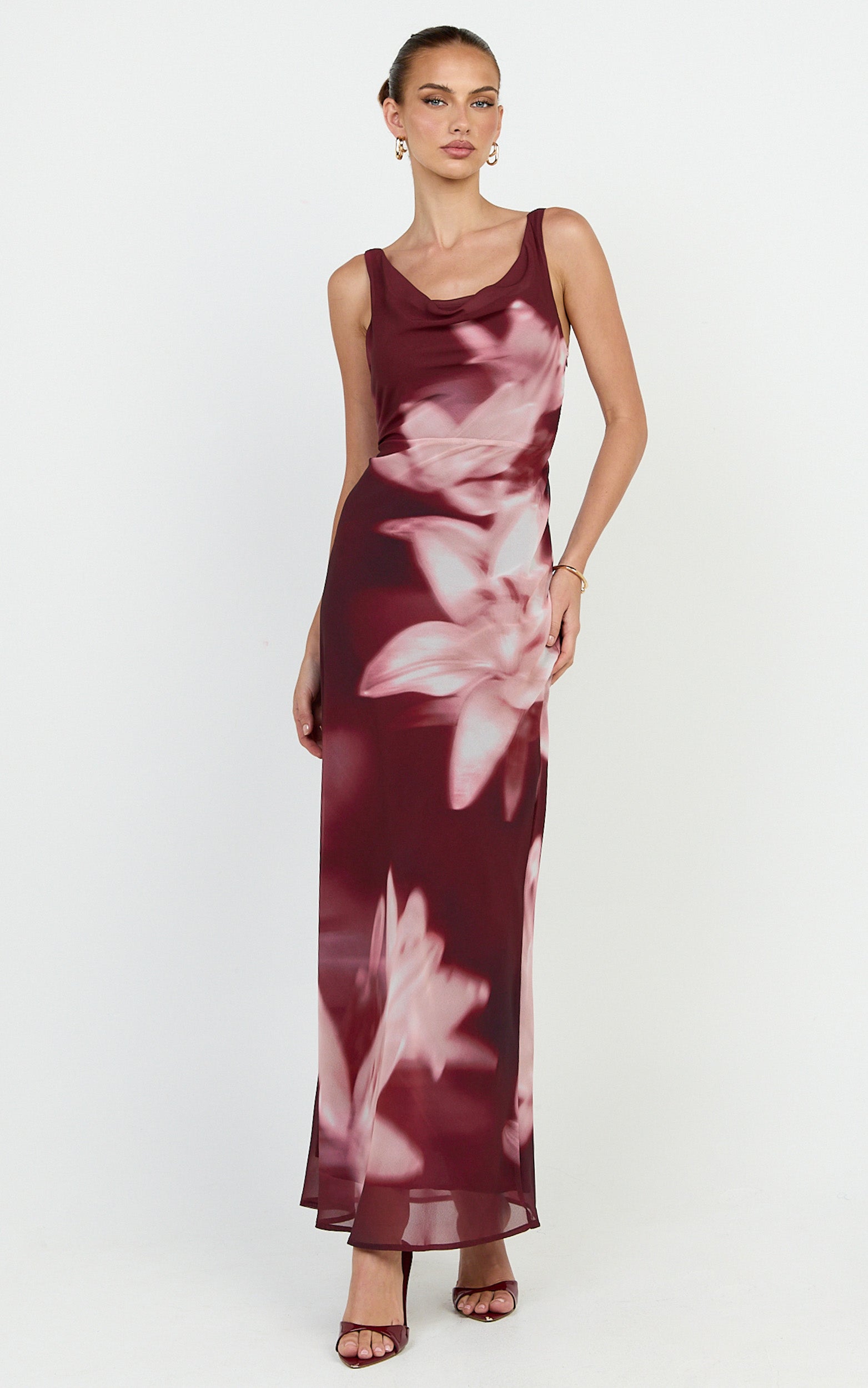 Myra Maxi Dress - Cowl Neck Scoop Back Slip Dress in Maroon Lily Print - View 1