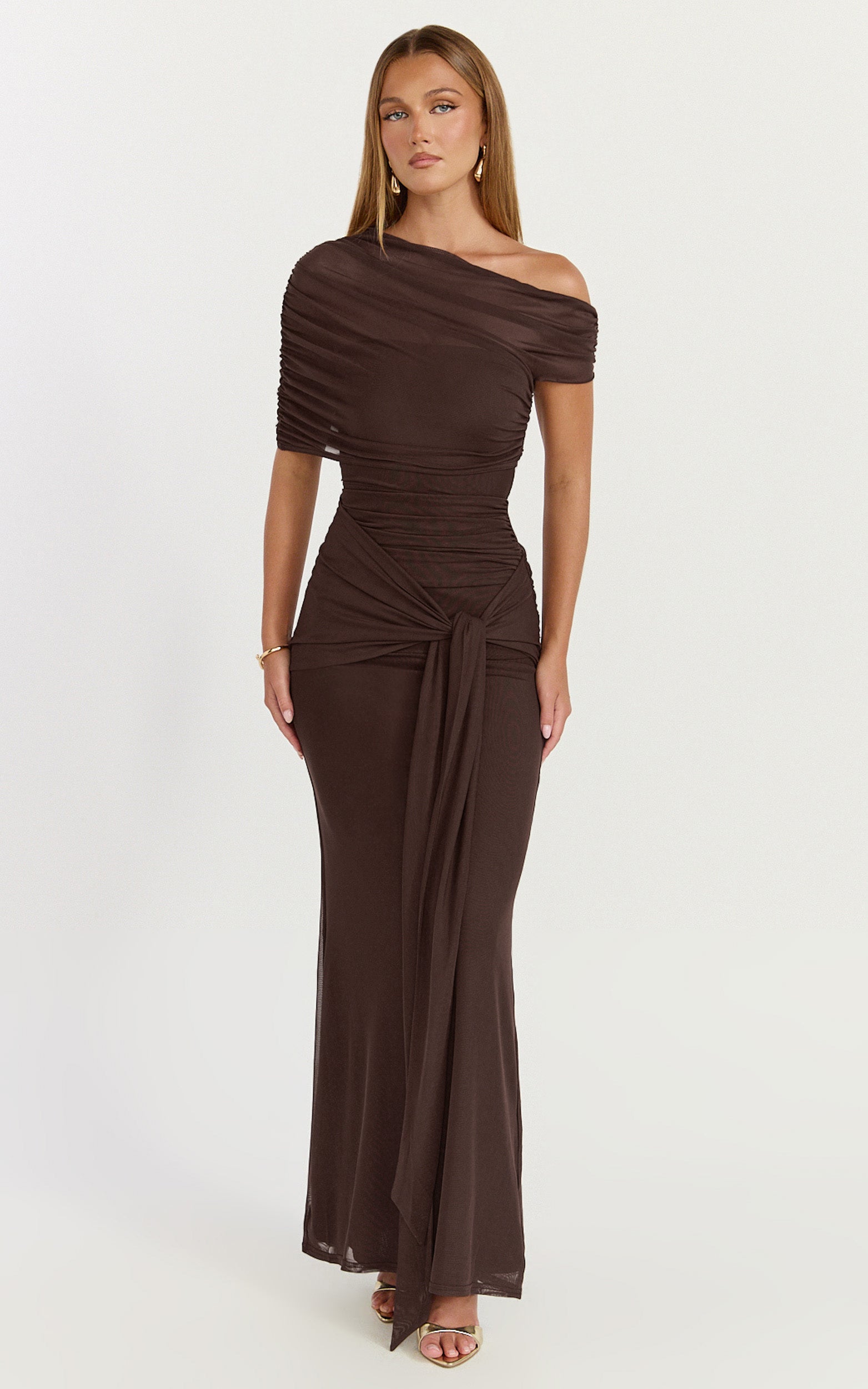Nicolette Maxi Dress - Cape Sleeve Off Shoulder Dress in Chocolate - View 3