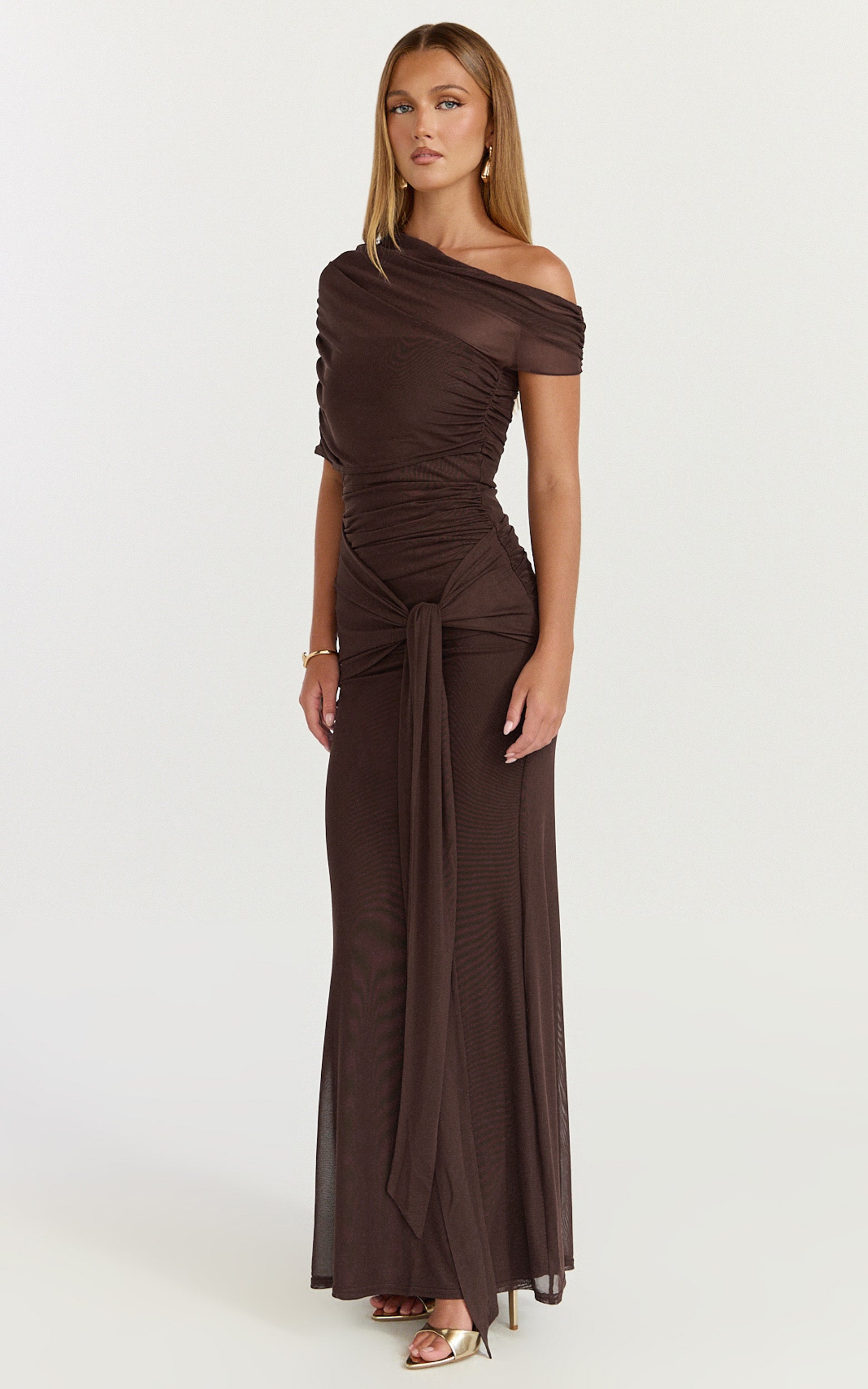 Nicolette Maxi Dress - Cape Sleeve Off Shoulder Dress in Chocolate - View 6