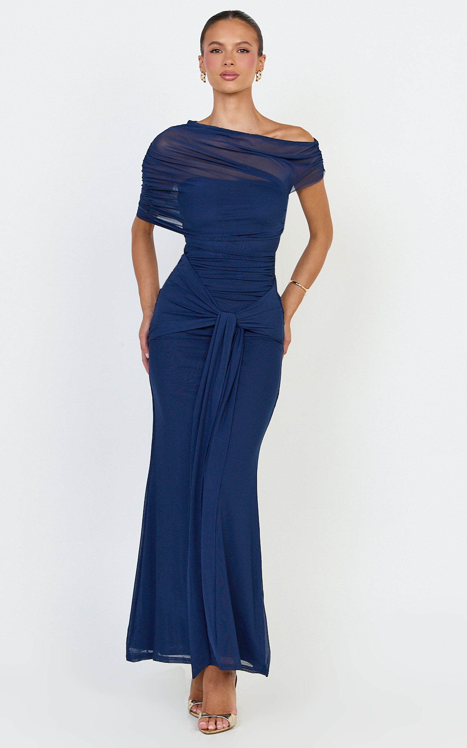 Nicolette Maxi Dress - Cape Sleeve Off Shoulder Dress in Navy - View 1