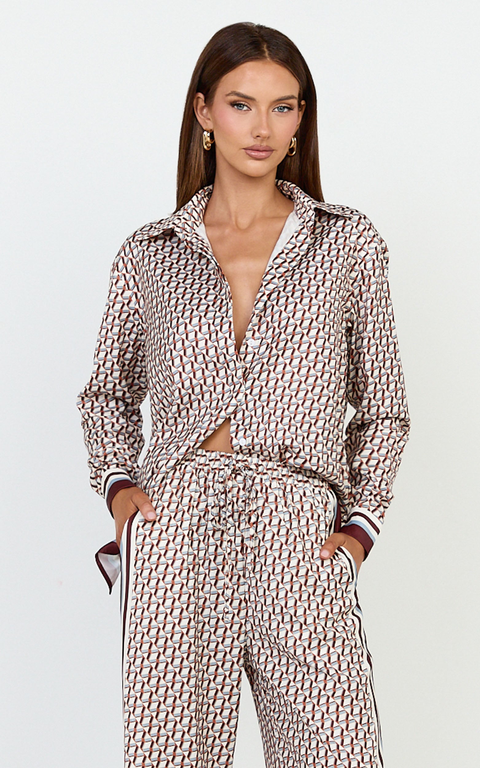 Noelle Top - Geo Border Print Button Front Long Sleeve Shirt in Geo Border Print - View 1