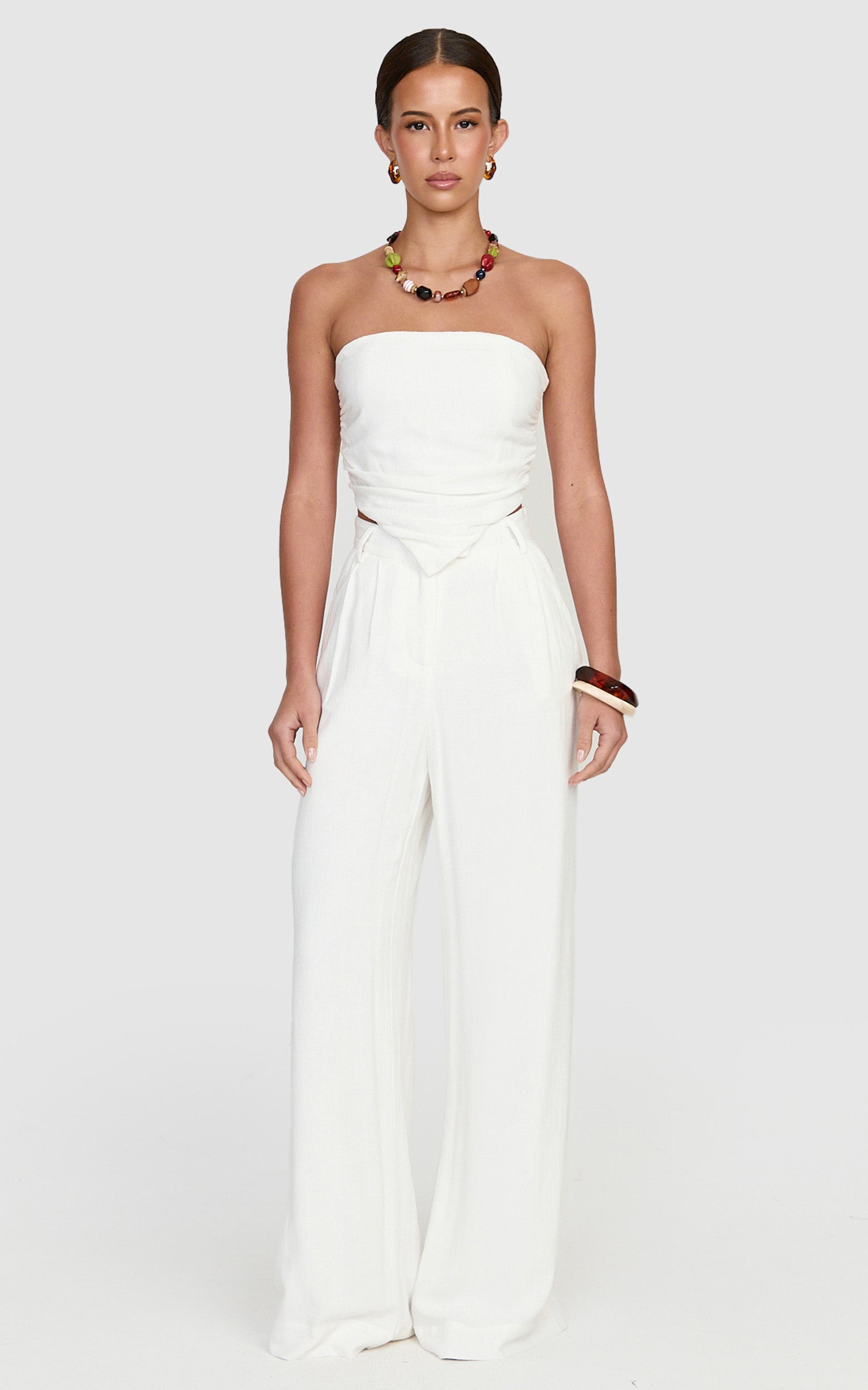 Norma Pants - High Waist Linen Blend Wide Leg Pants in White - View 4