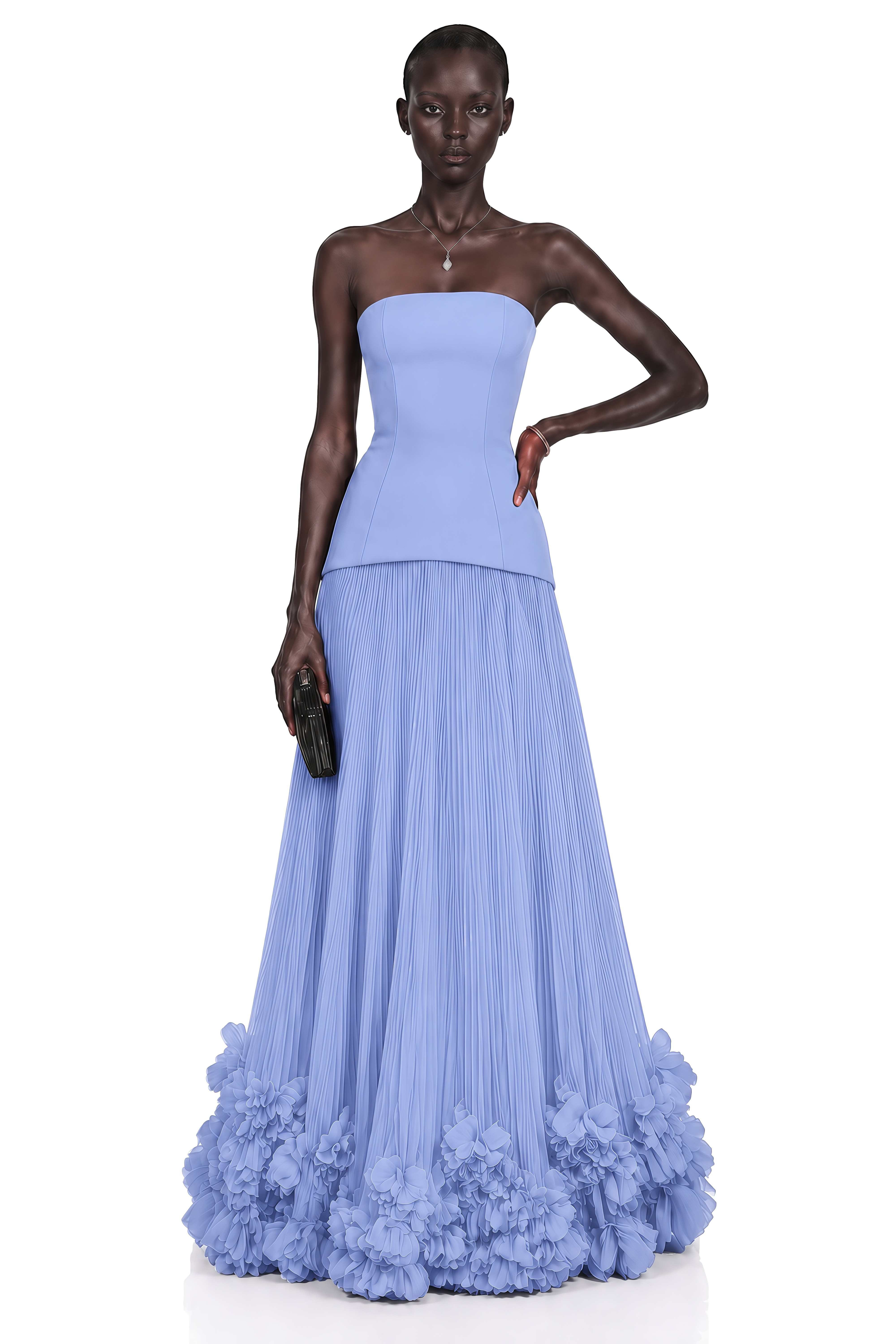 OcThéoline Yellow Floral Appliqué Corset Maxi Dressane Blue Off Shoulder Pleated Maxi Dress with 3D Florals