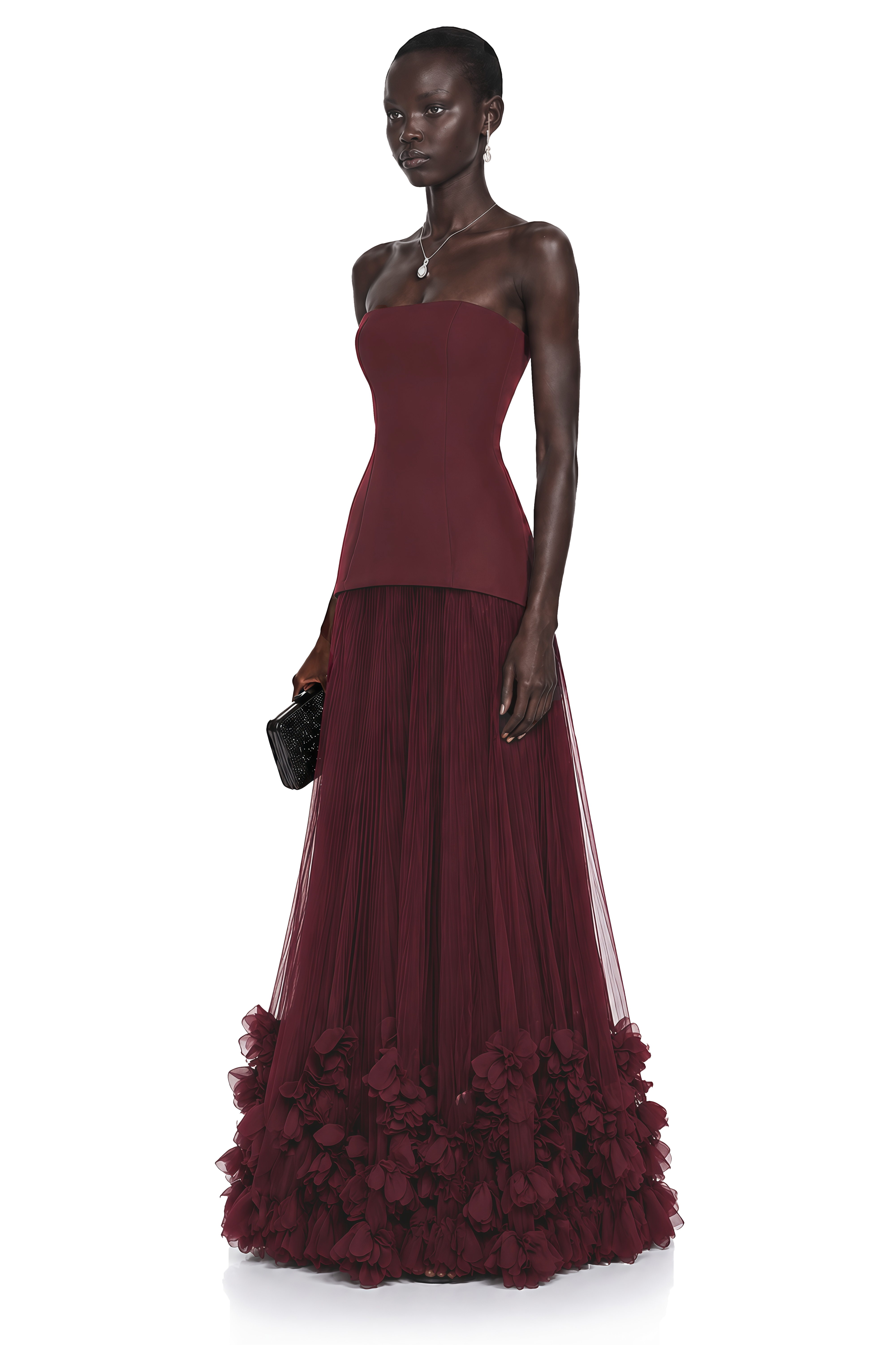 Océane Burgundy Off Shoulder Pleated Maxi Dress with 3D Florals