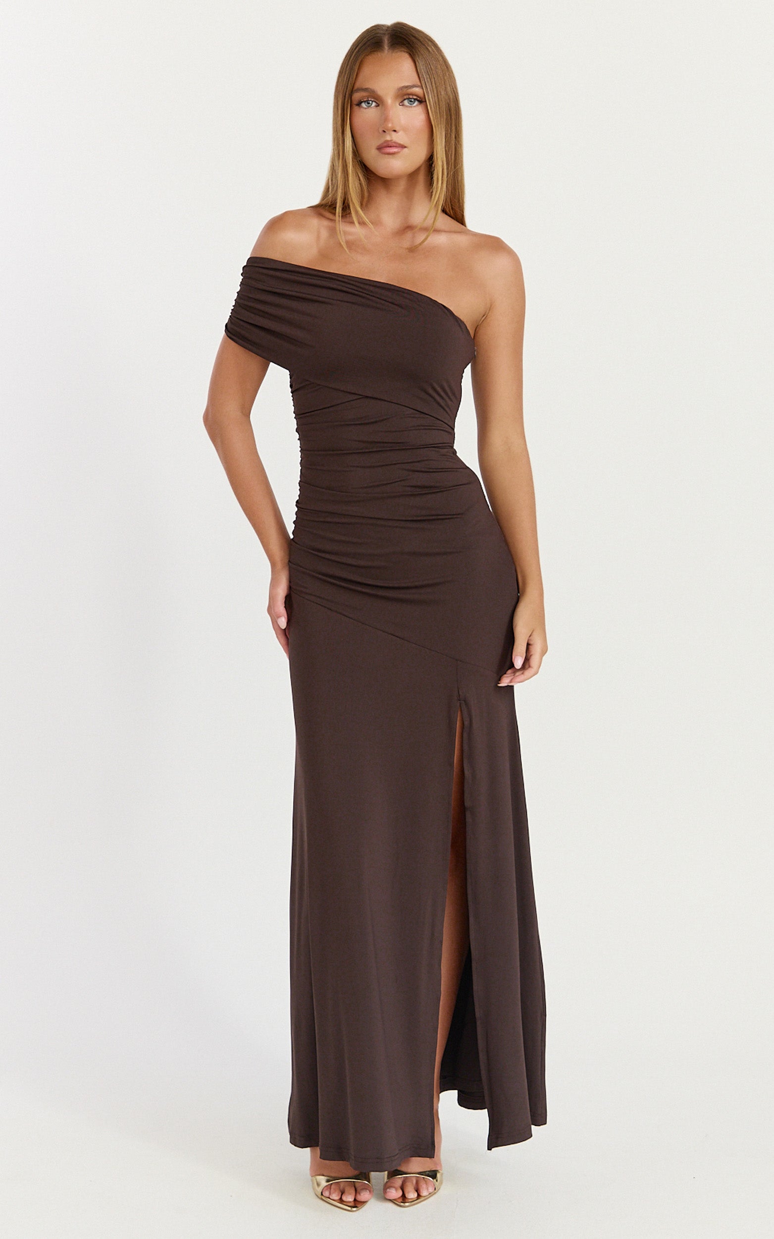 Opal Maxi Dress - Off Shoulder Gathered Bodice Fit And Flare Dress in Dark Chocolate - View 4