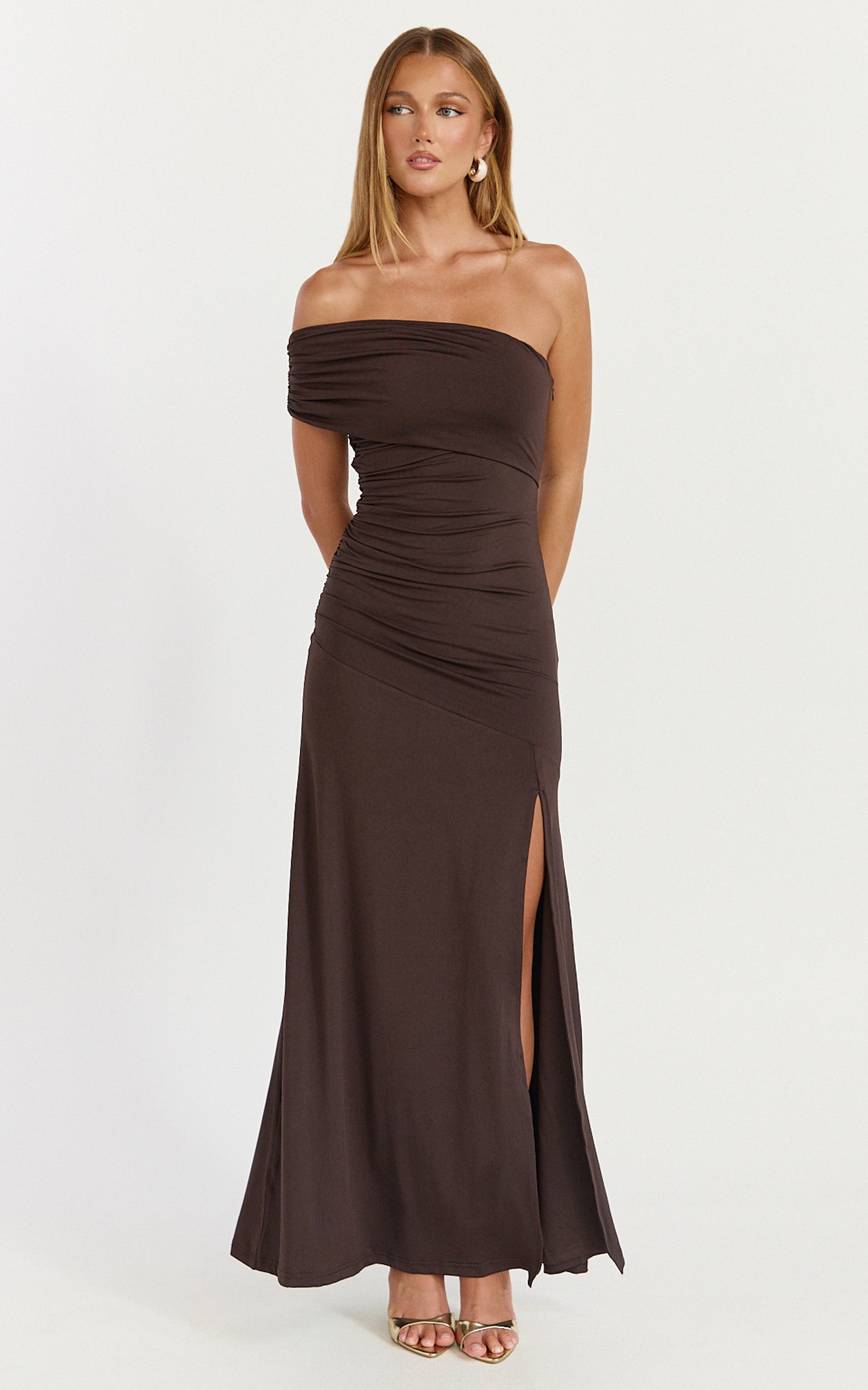 Opal Maxi Dress - Off Shoulder Gathered Bodice Fit And Flare Dress in Dark Chocolate - View 5