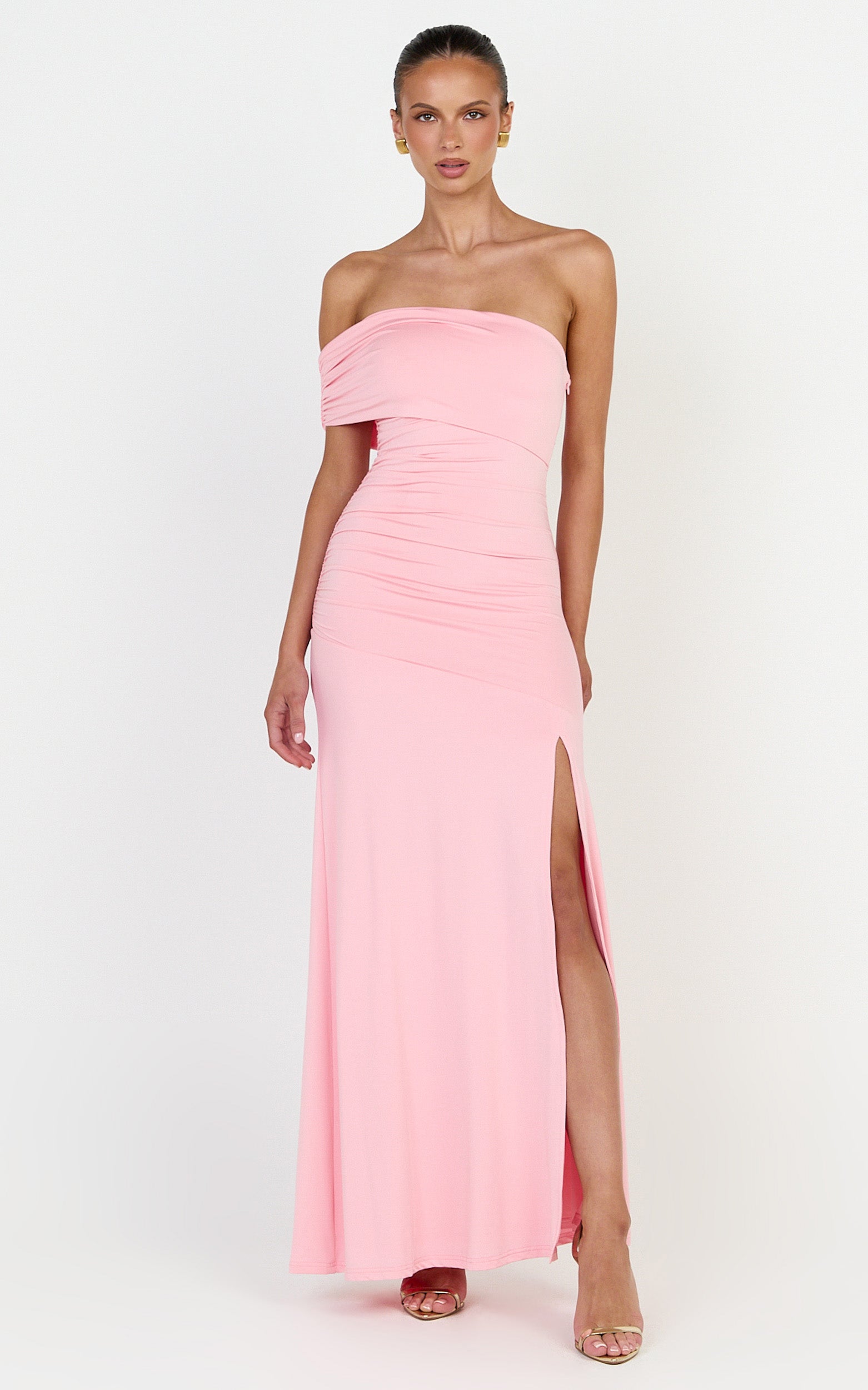 Opal Maxi Dress - Off Shoulder Gathered Bodice Fit And Flare Dress in Pink - View 1