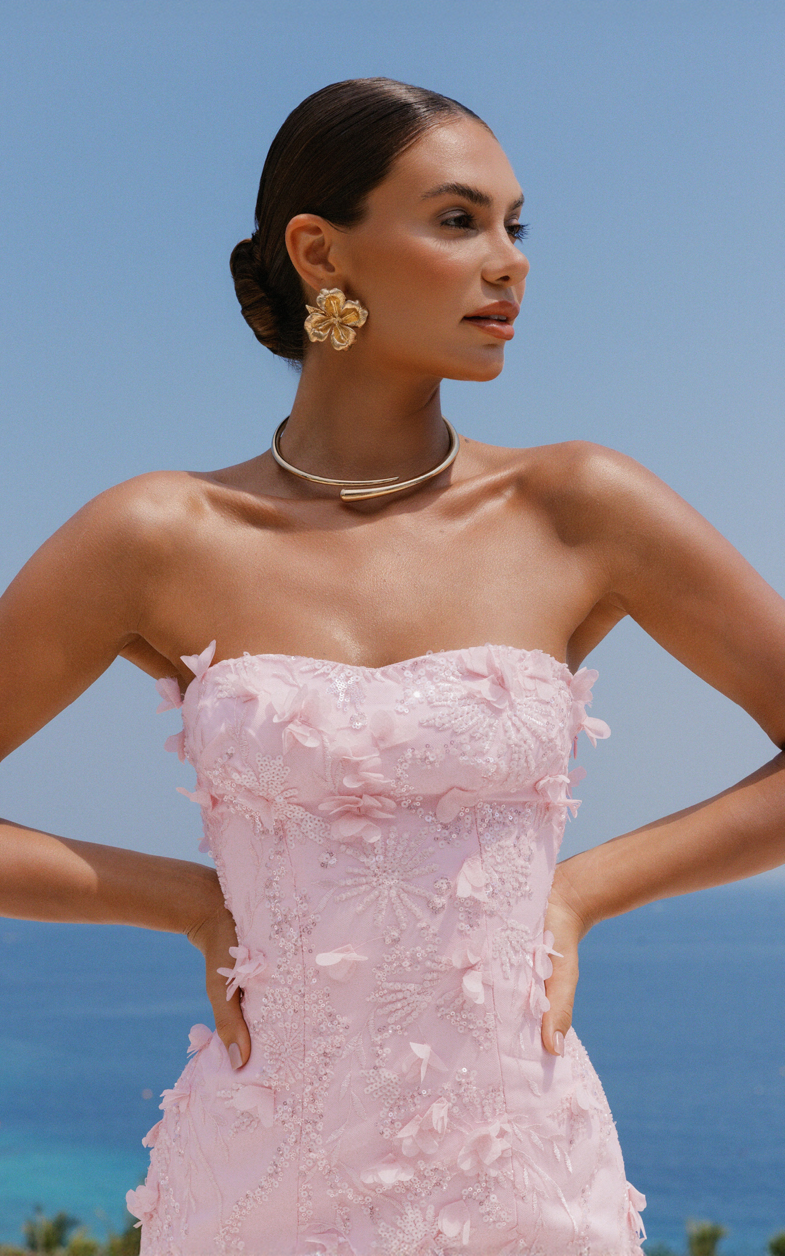 Ellie Maxi Dress - Embellished 3D Floral Bodice Drop Waist With Fringe Skirt in Pink - View 3