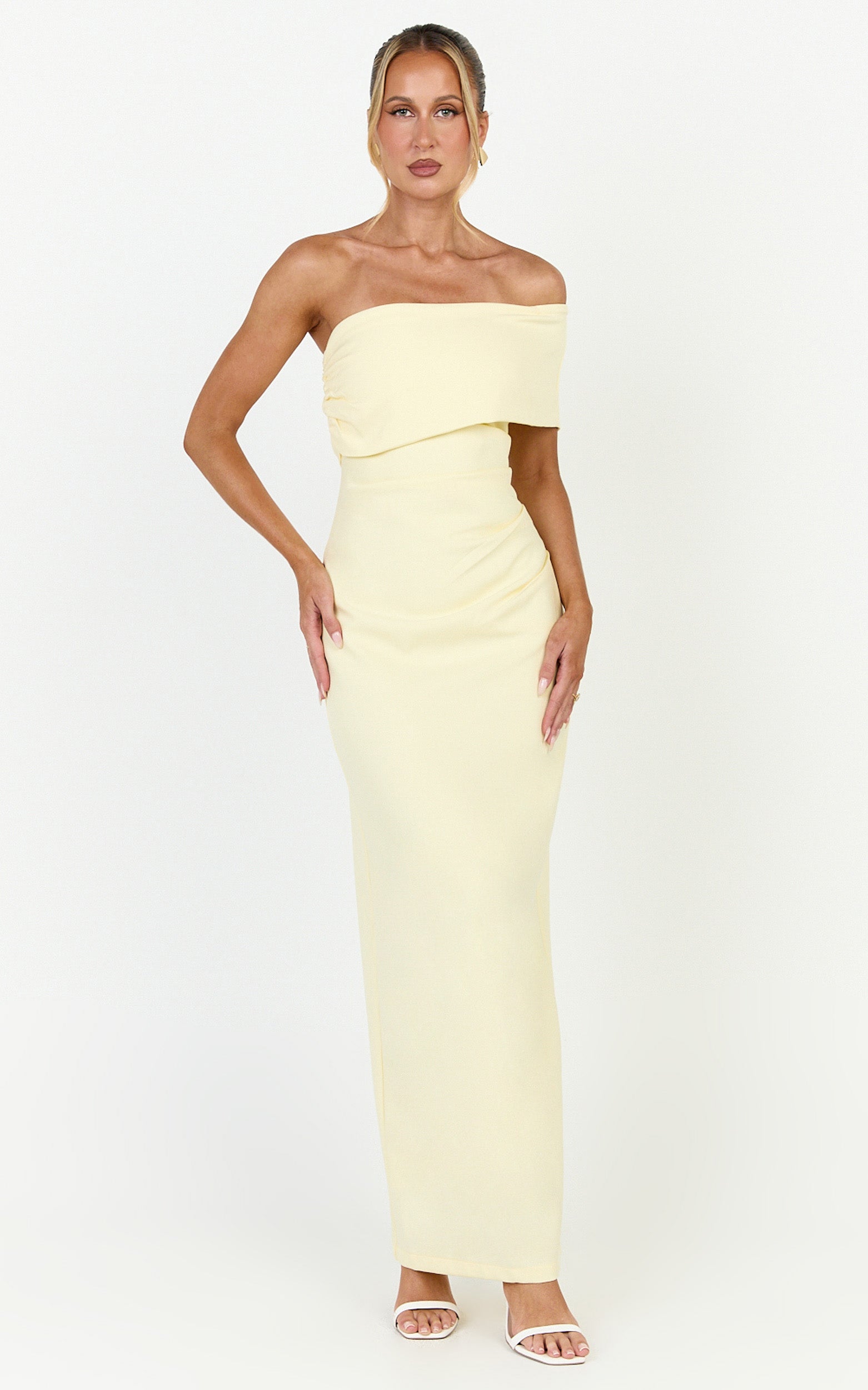 Pearce Maxi Dress - Gathered One Sleeve Bodycon Dress in Yellow - View 1