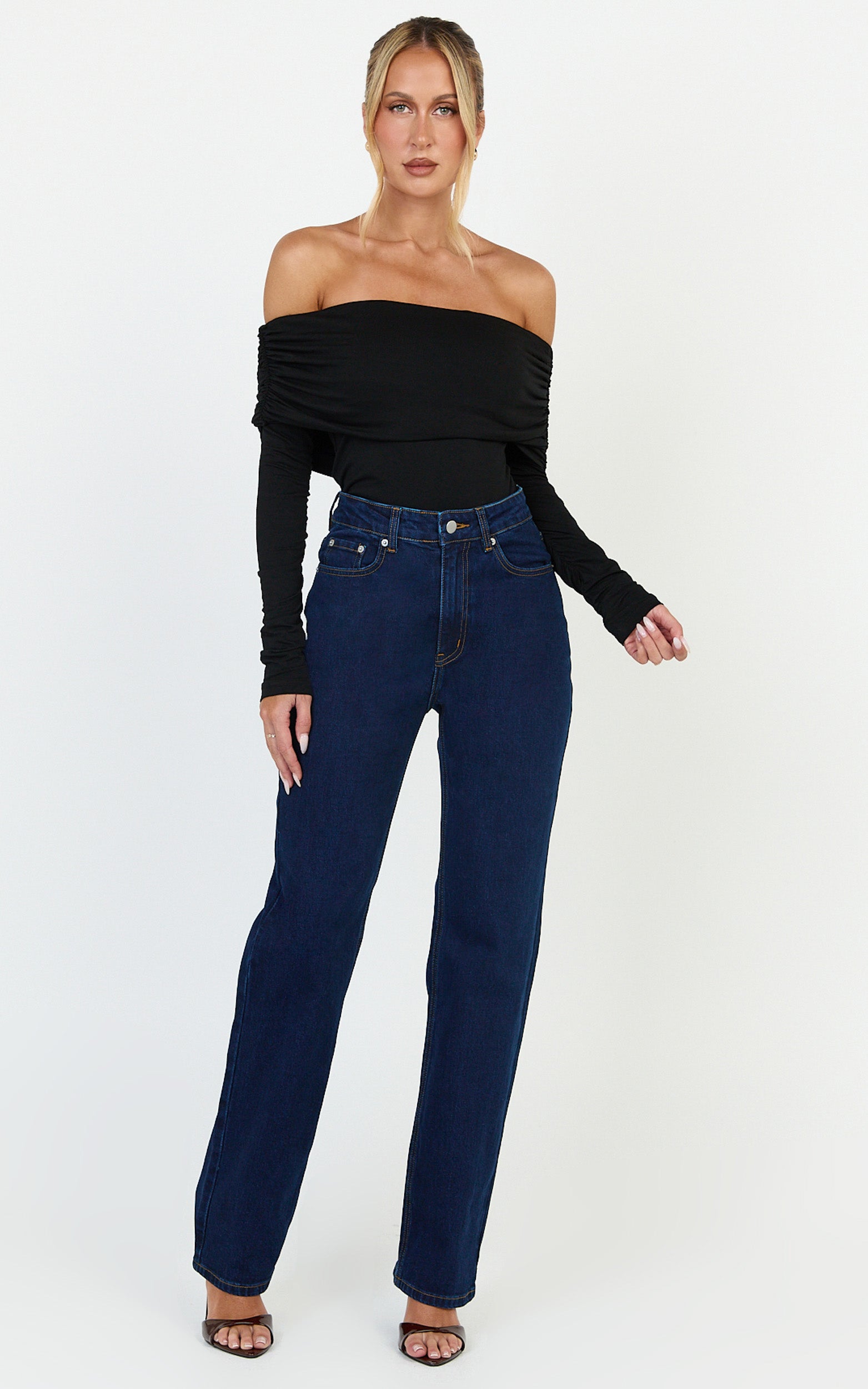 Phoebe Jeans - High Waist Straight Leg Stretch Denim Jeans in Dark Blue Wash - View 1