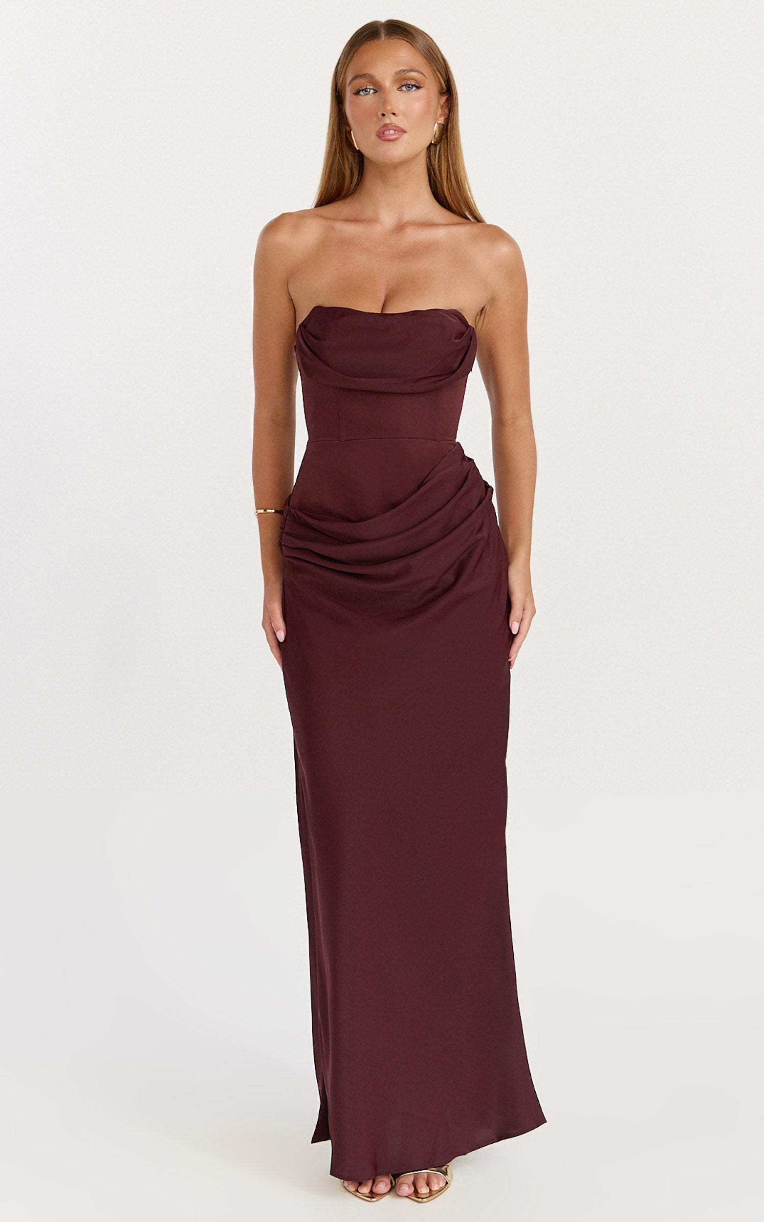 Phoebe Maxi Dress - Strapless Structured Bodice Drape Skirt Dress in Plum - View 2