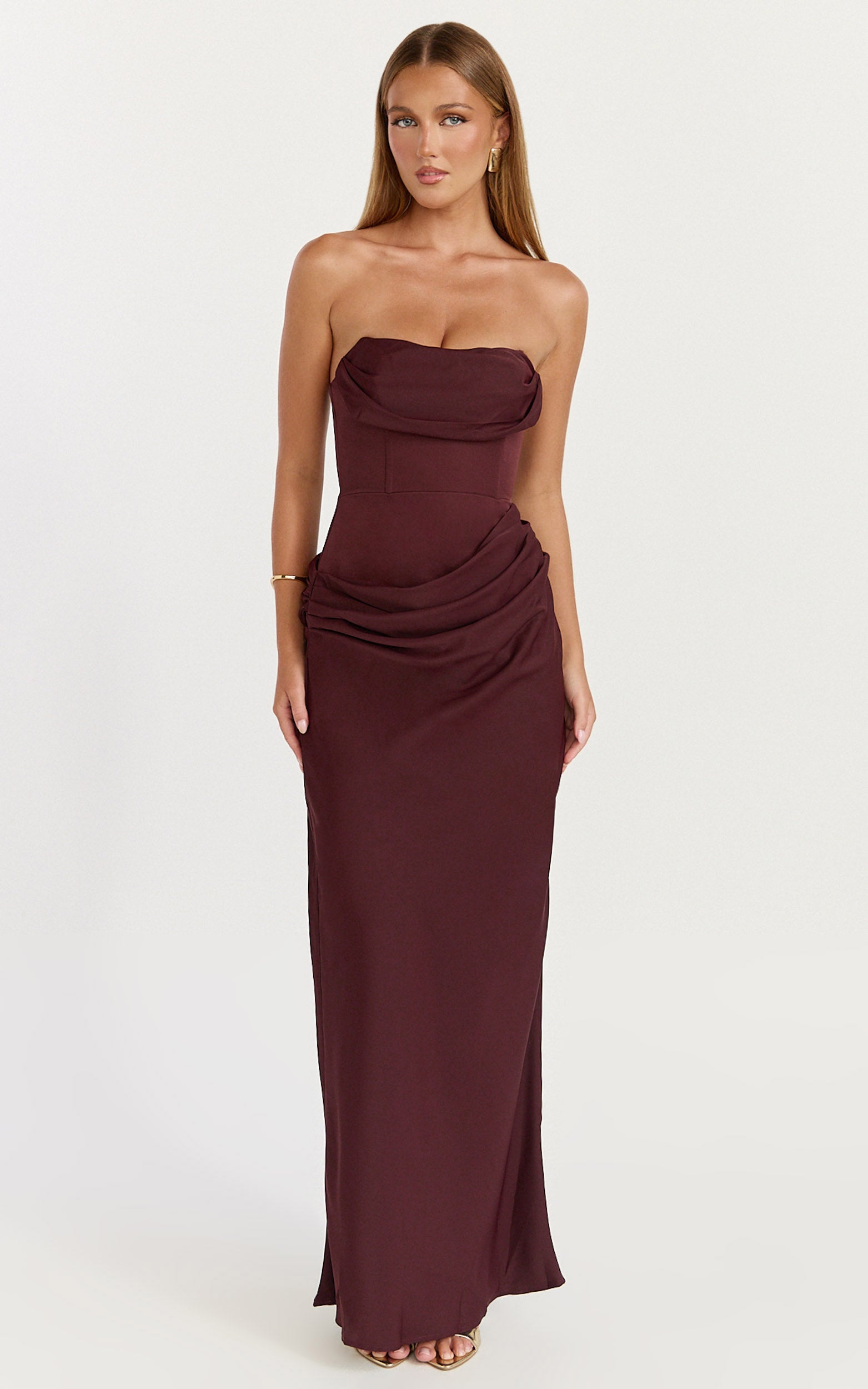 Phoebe Maxi Dress - Strapless Structured Bodice Drape Skirt Dress in Plum - View 3