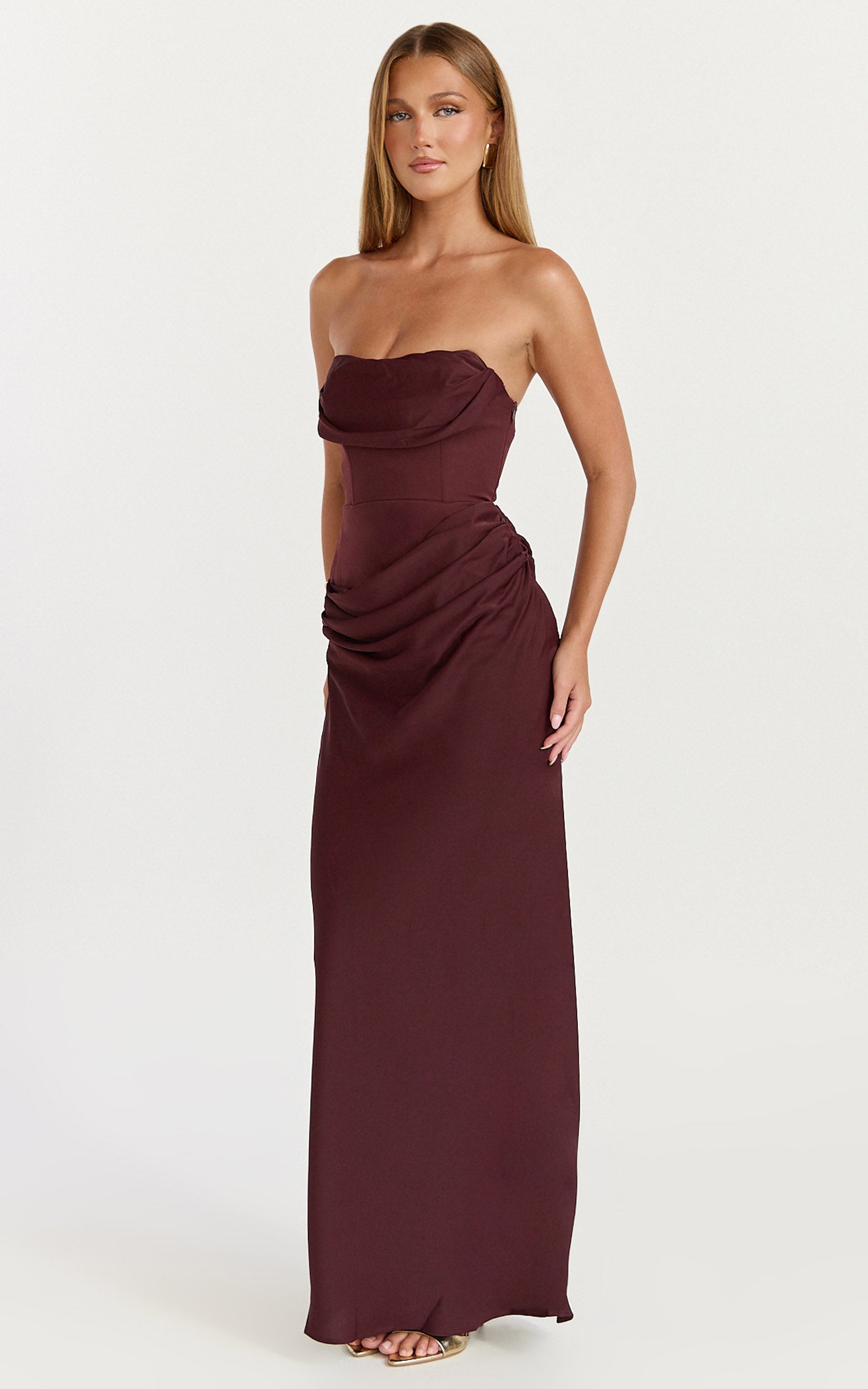 Phoebe Maxi Dress - Strapless Structured Bodice Drape Skirt Dress in Plum - View 4
