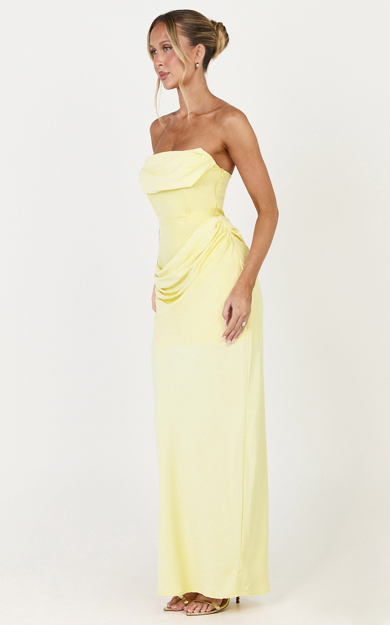 Phoebe Maxi Dress - Strapless Structured Bodice Drape Skirt Dress in Lemon - View 2