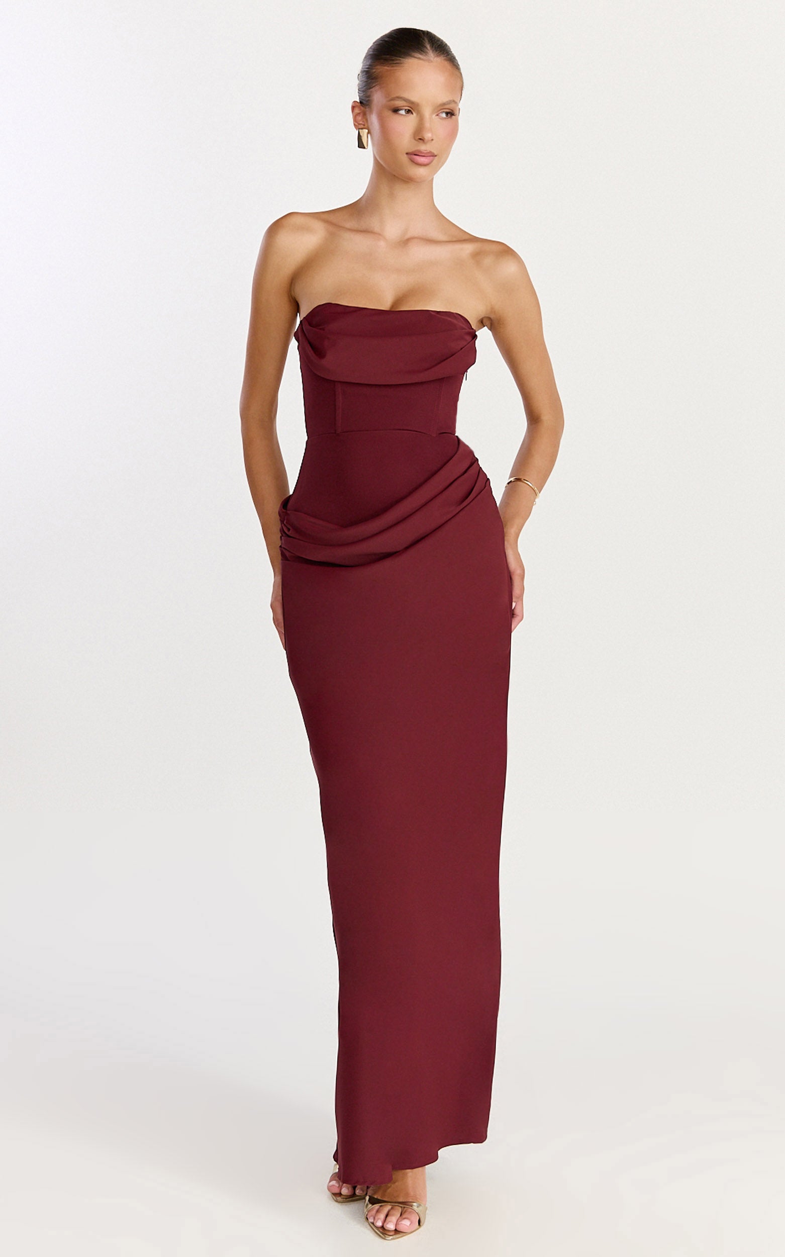 Phoebe Maxi Dress - Strapless Structured Bodice Drape Skirt Dress in Wine - View 1