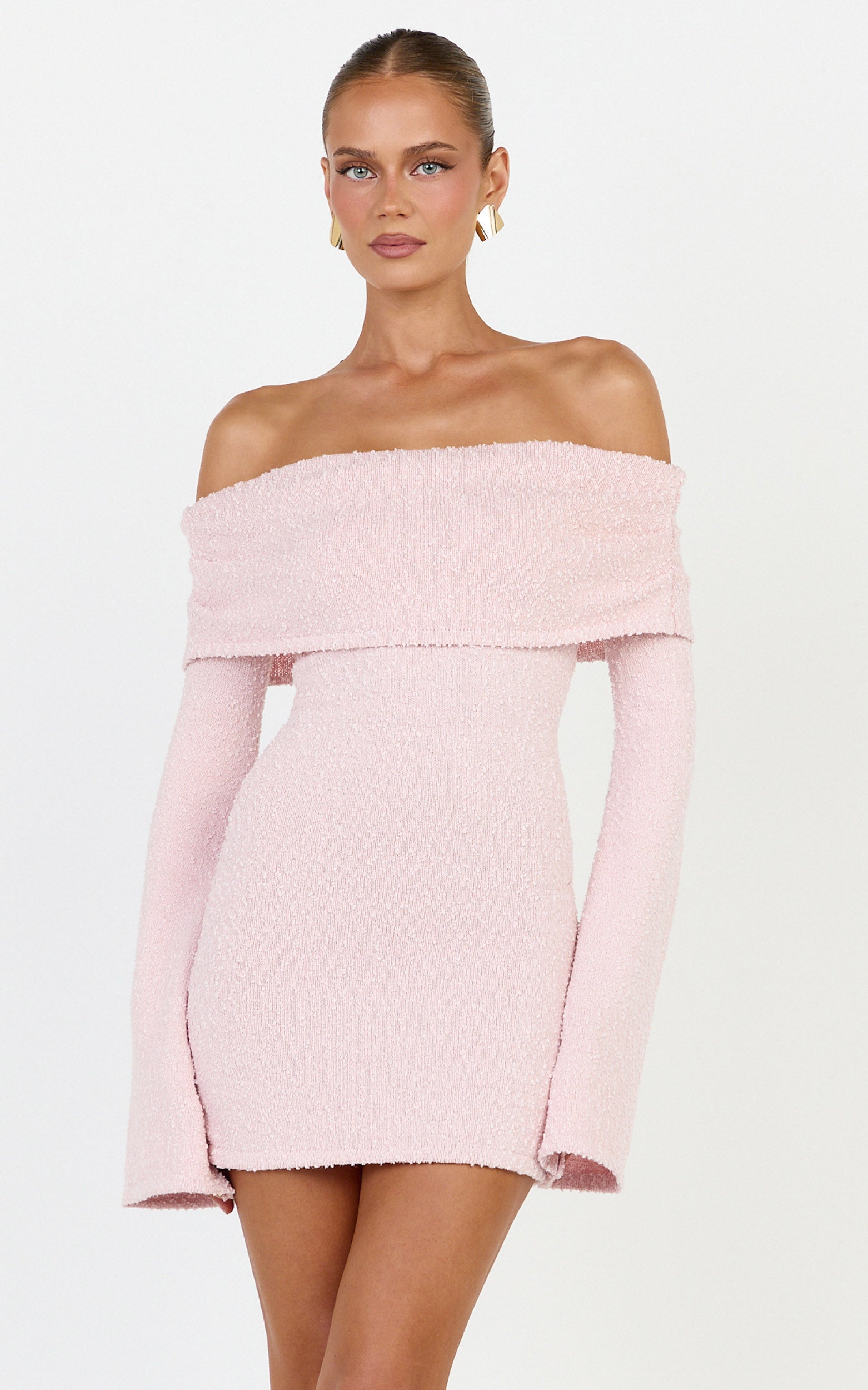 Pietra Mini Dress - Knitted Off Shoulder Dress in Pink - View 1