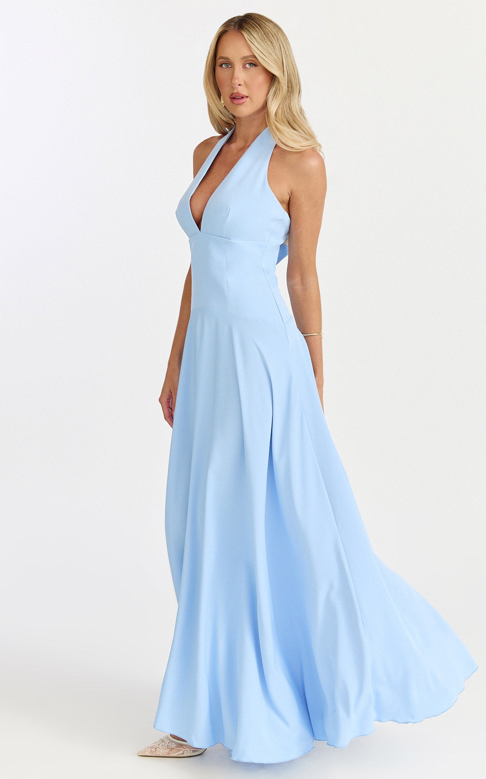 Poppy Maxi Dress - Contrast Skirt Deep Plunge Halter Dress in Blue - View 5
