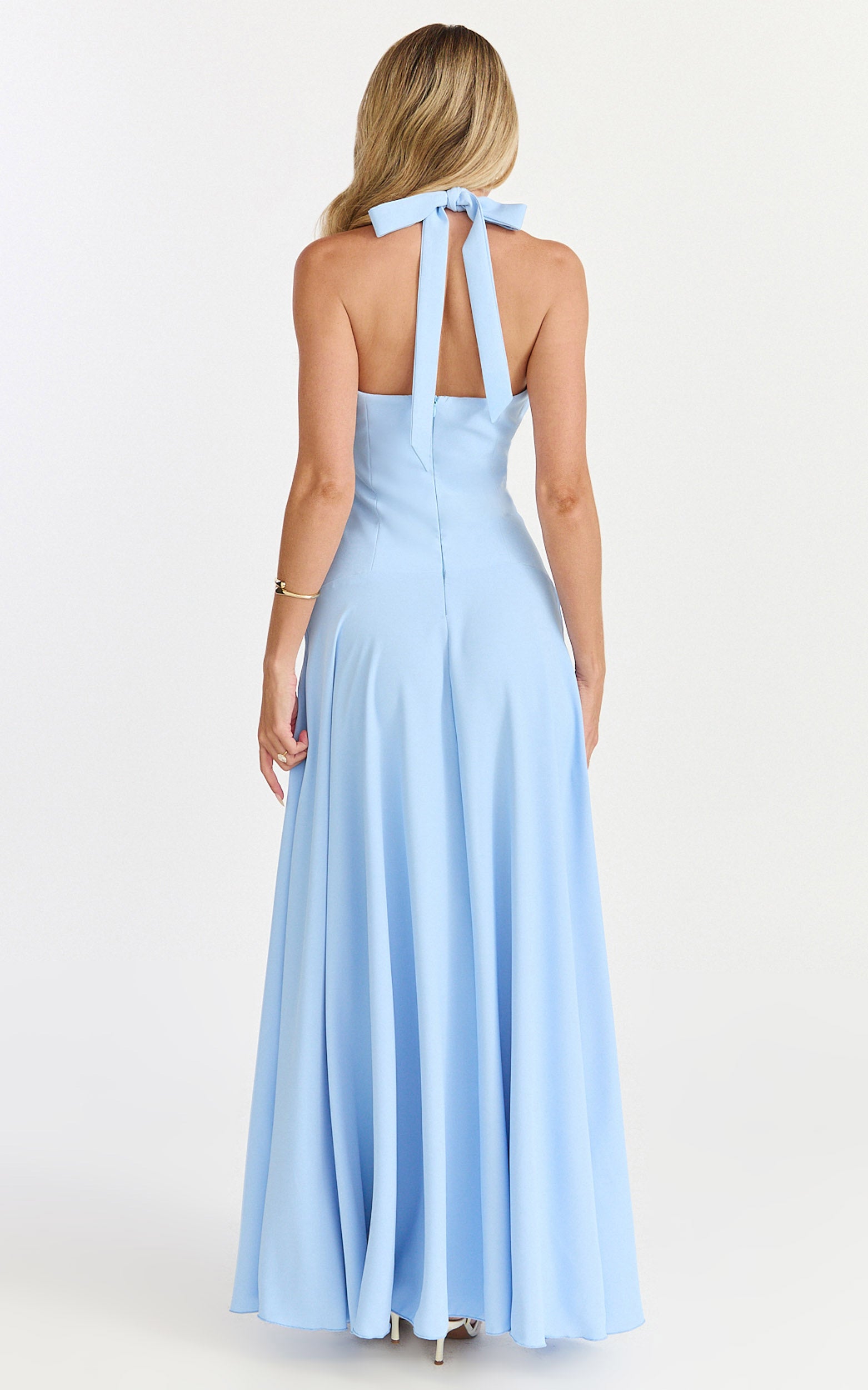 Poppy Maxi Dress - Contrast Skirt Deep Plunge Halter Dress in Blue - View 2