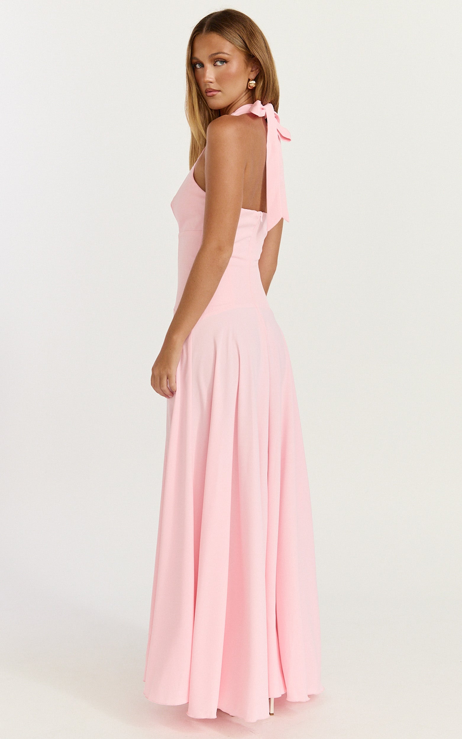 Poppy Maxi Dress - Contrast Skirt Deep Plunge Halter Dress in Soft Pink - View 2