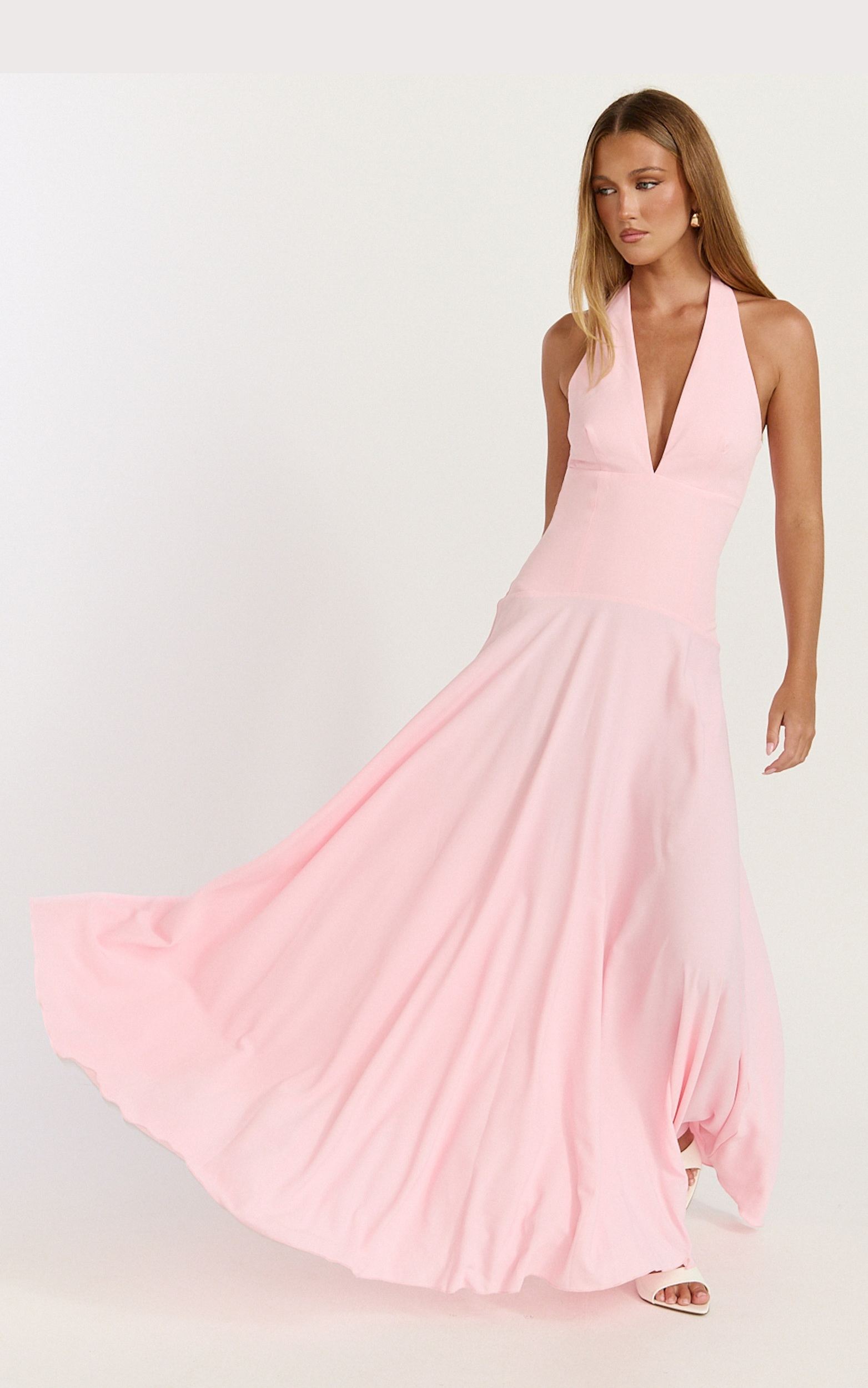 Poppy Maxi Dress - Contrast Skirt Deep Plunge Halter Dress in Soft Pink - View 4