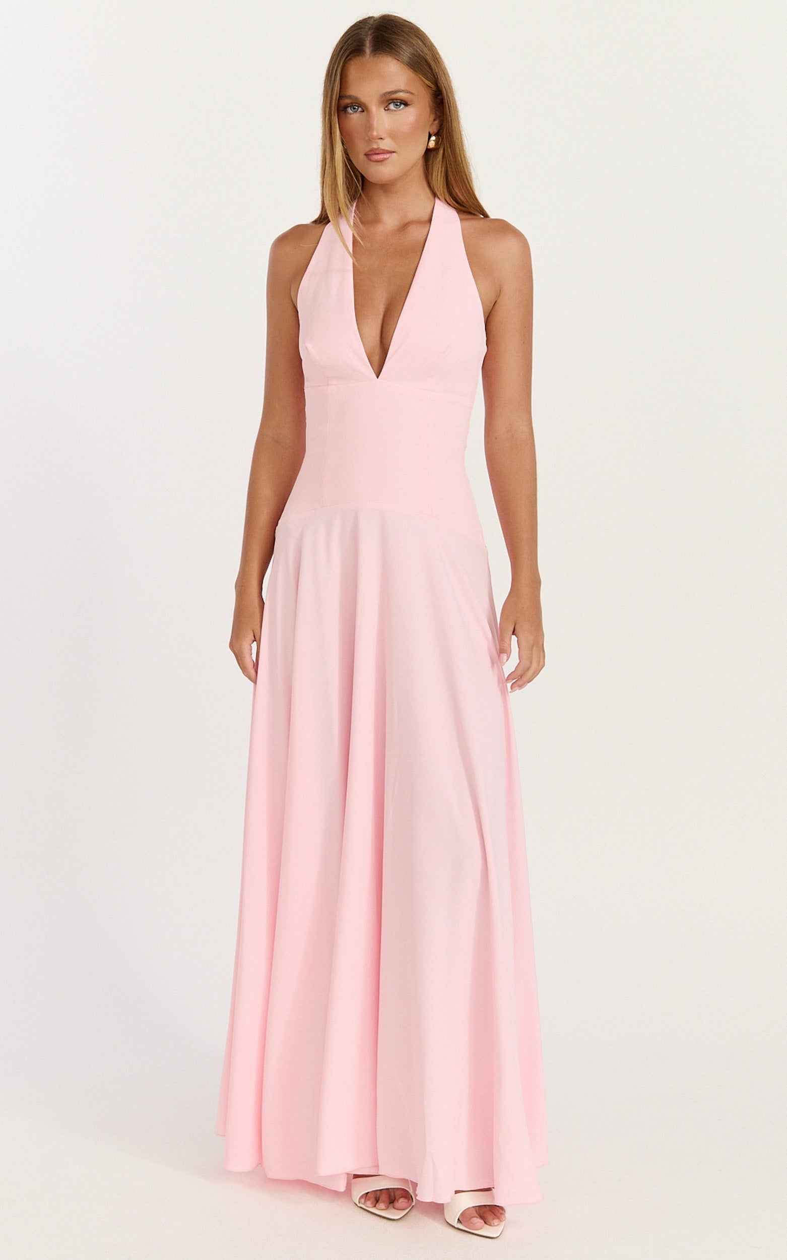 Poppy Maxi Dress - Contrast Skirt Deep Plunge Halter Dress in Soft Pink - View 3