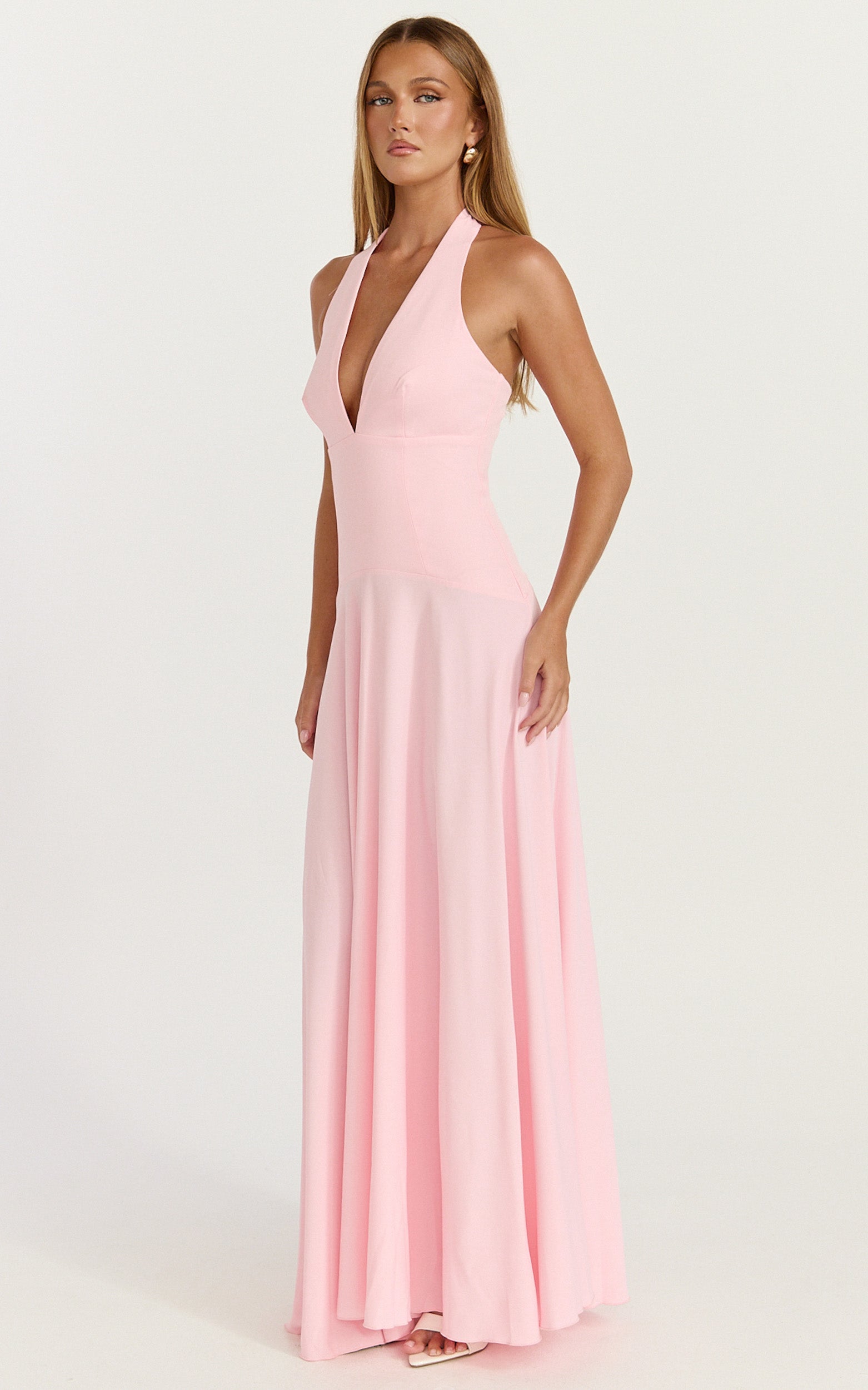 Poppy Maxi Dress - Contrast Skirt Deep Plunge Halter Dress in Soft Pink - View 5