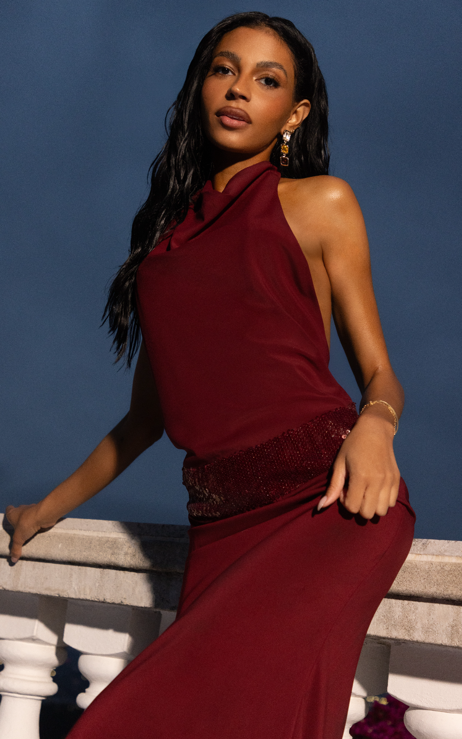 Evianne Maxi Dress - Backless Sequin Drop Waist Halter Dress in Wine - View 3
