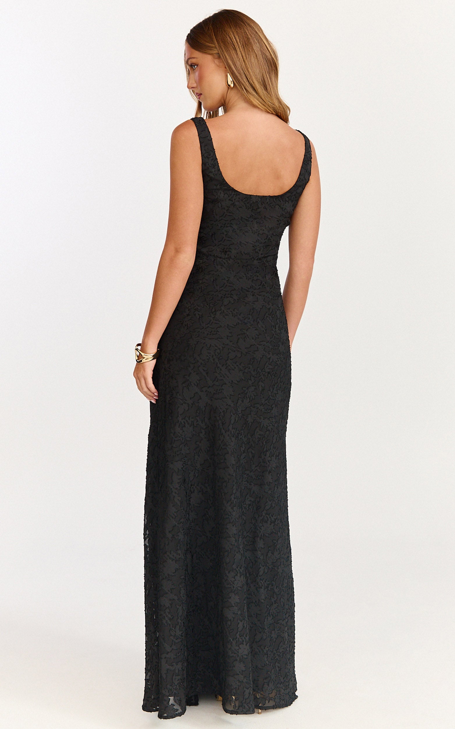 Rachel Maxi Dress - Cowl Neck Jacquard Front Split Dress in Black - View 5