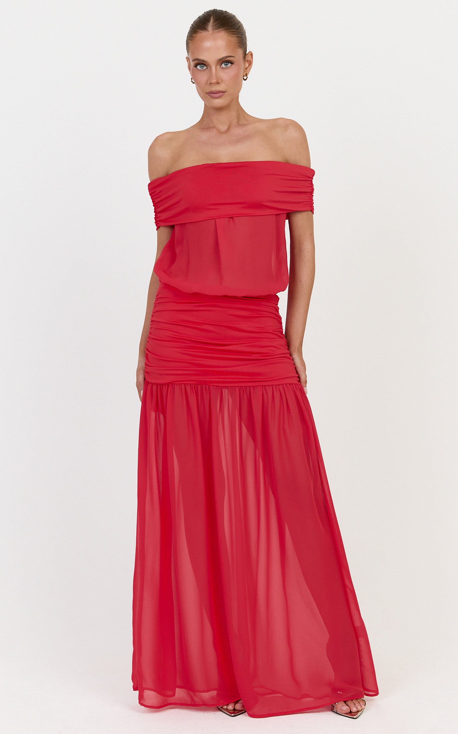 Rafaela Maxi Dress - Off The Shoulder Dropped Waist Dress in Red - View 1