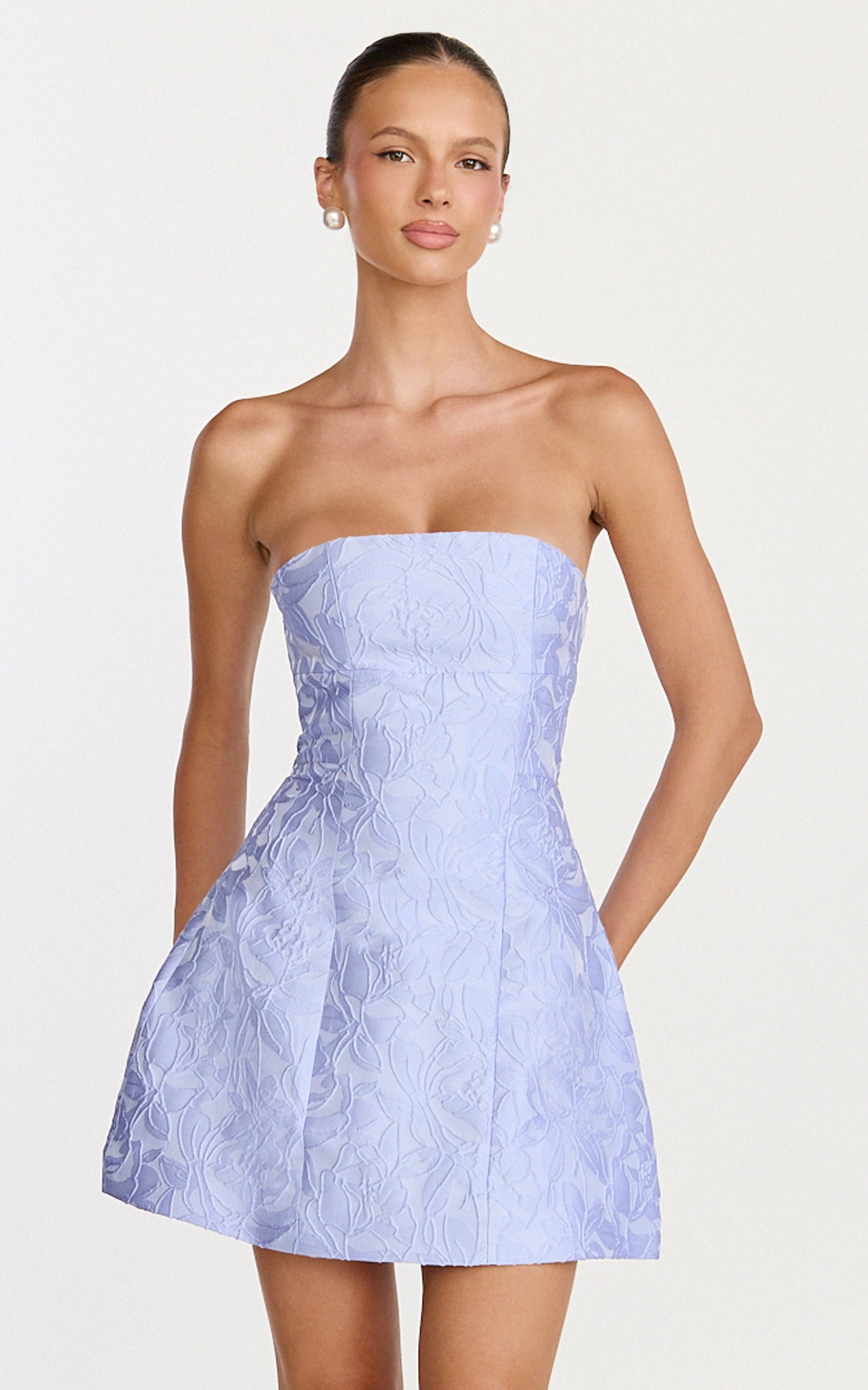 Rosalie Mini Dress - Strapless Jacquard Floral Mini Dress in Blue - View 1