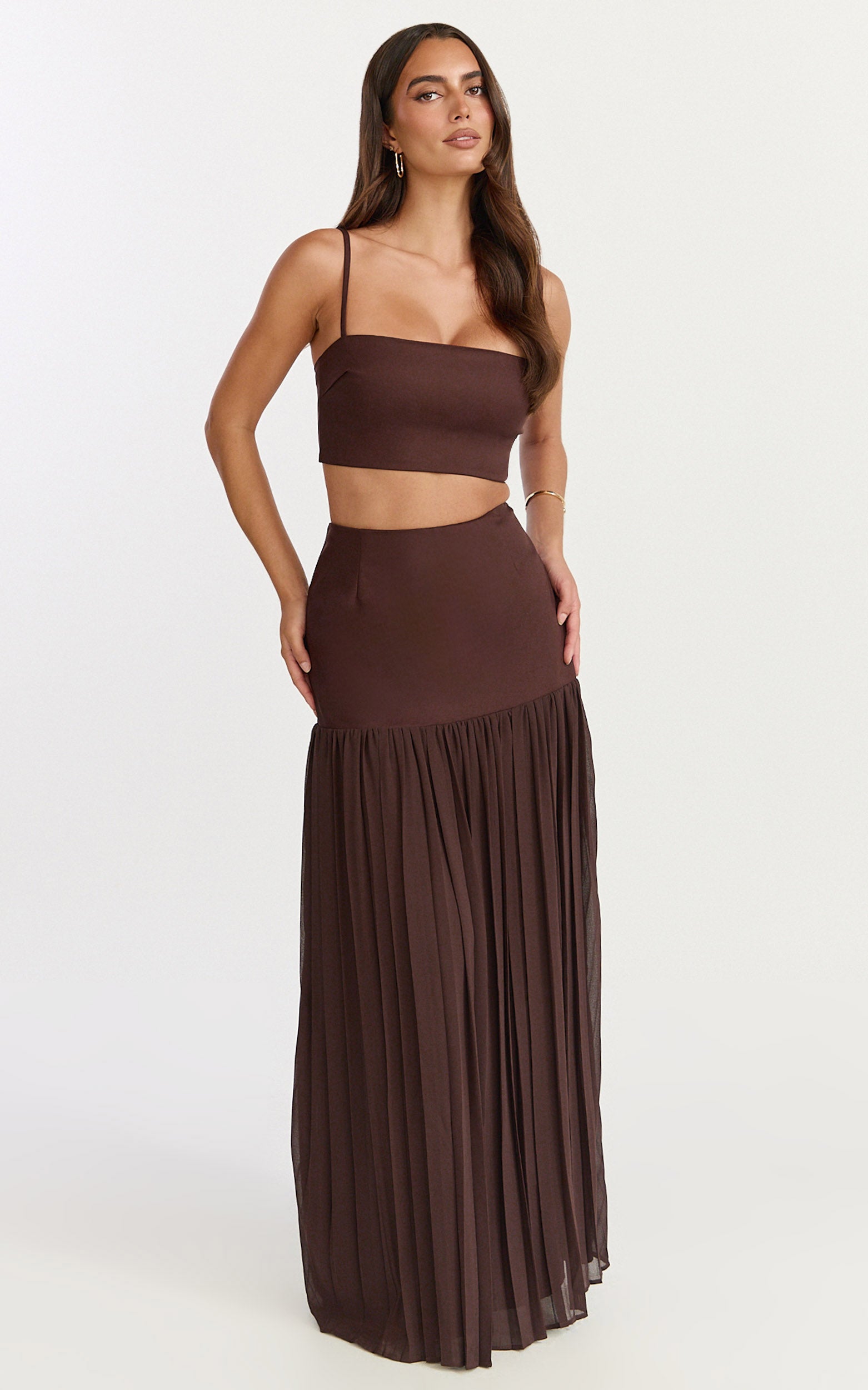 Rowan Two Piece Top and Skirt Set - Square Neck Crop Top and High Waist Pleated Maxi Skirt Set in Chocolate - View 3