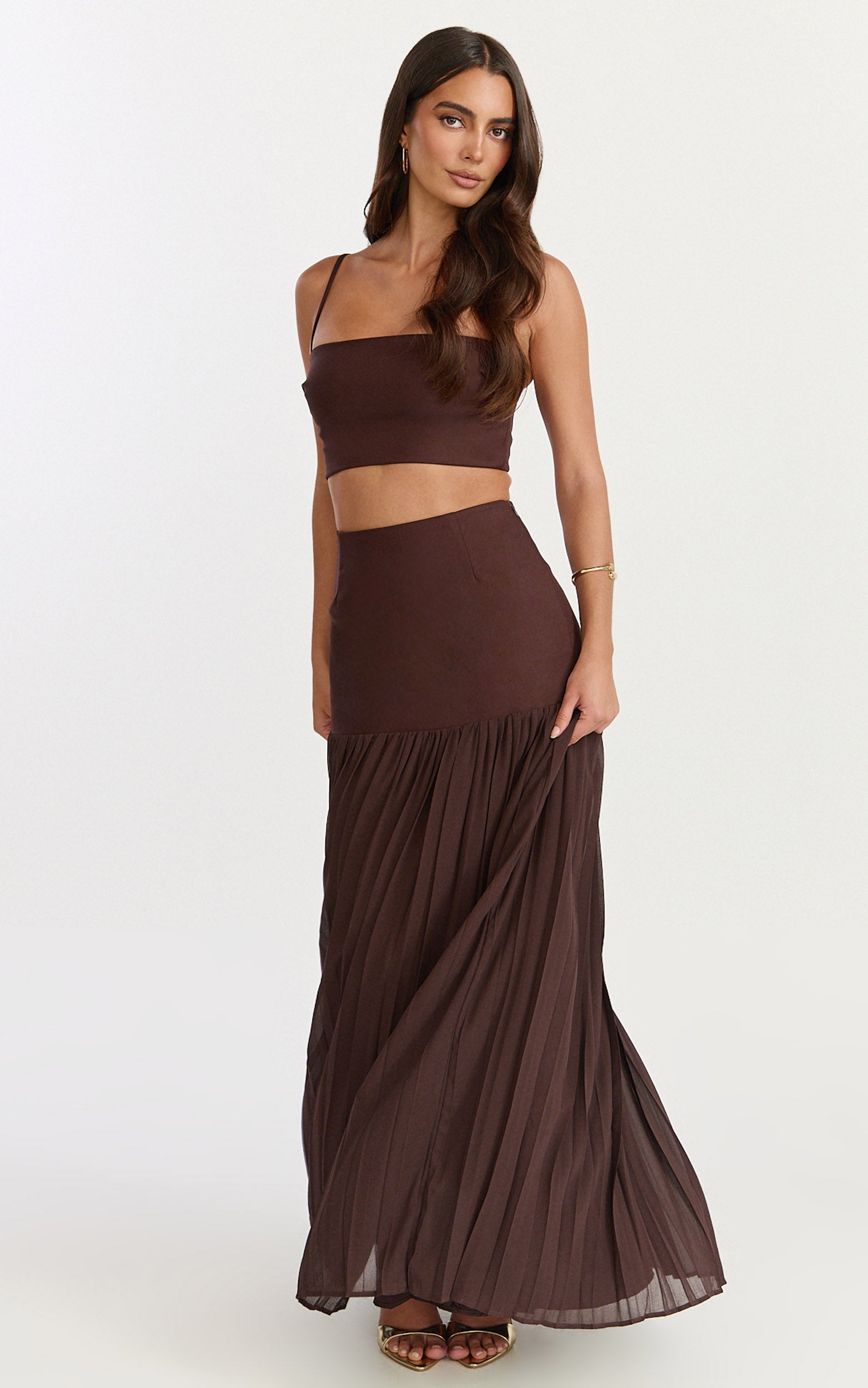 Rowan Two Piece Top and Skirt Set - Square Neck Crop Top and High Waist Pleated Maxi Skirt Set in Chocolate - View 5