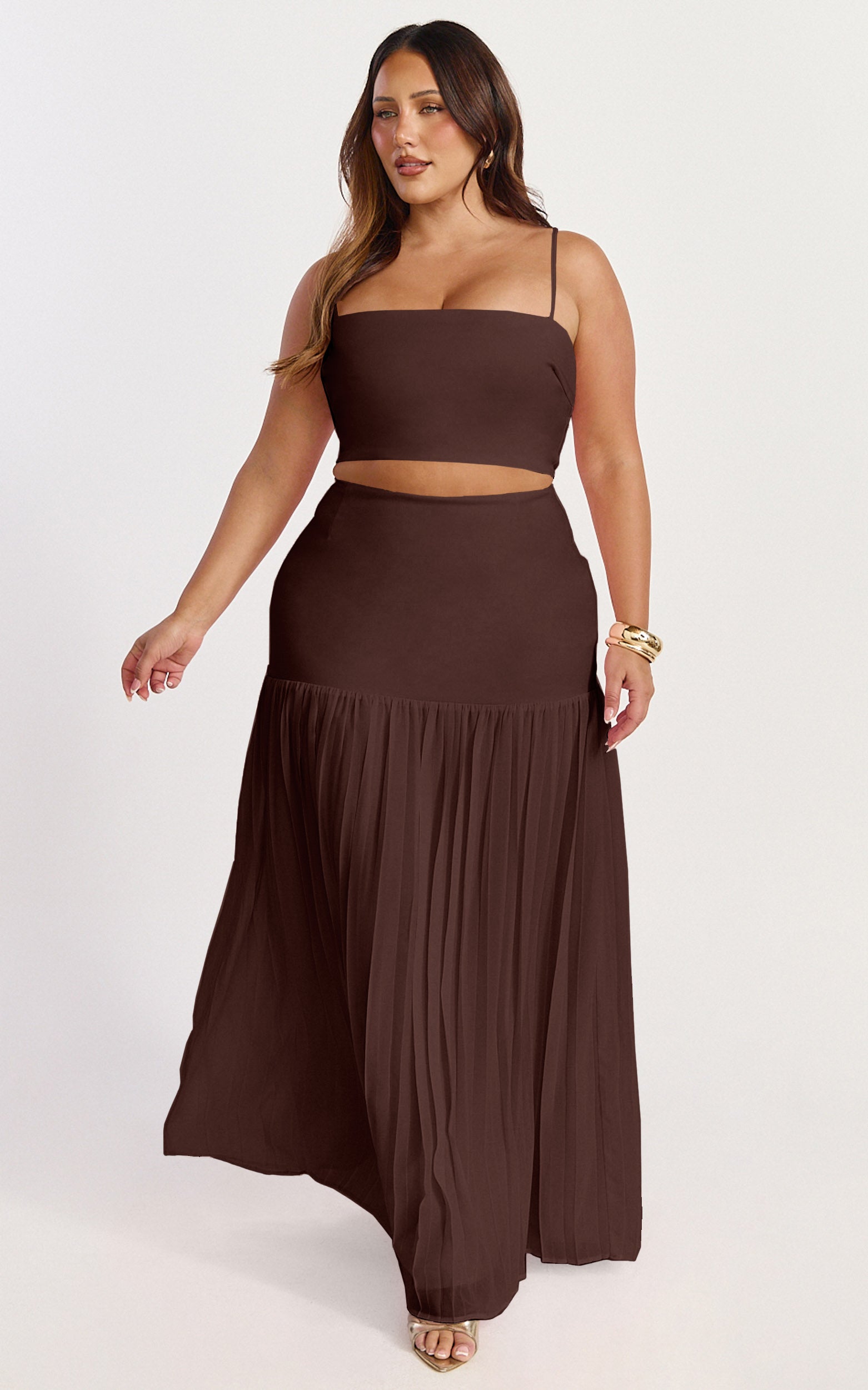 Rowan Two Piece Top and Skirt Set - Square Neck Crop Top and High Waist Pleated Maxi Skirt Set in Chocolate - View 4