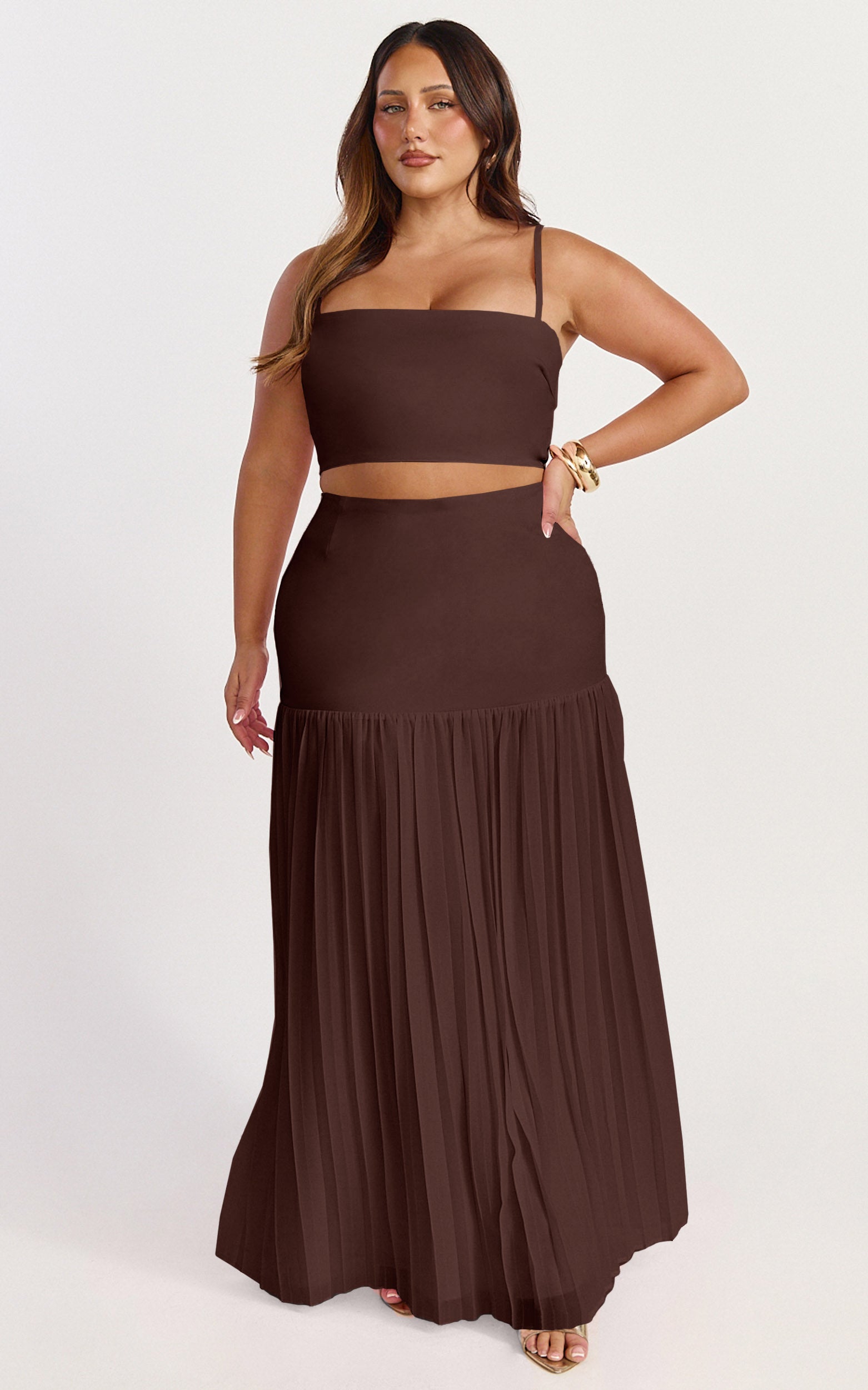 Rowan Two Piece Top and Skirt Set - Square Neck Crop Top and High Waist Pleated Maxi Skirt Set in Chocolate - View 2