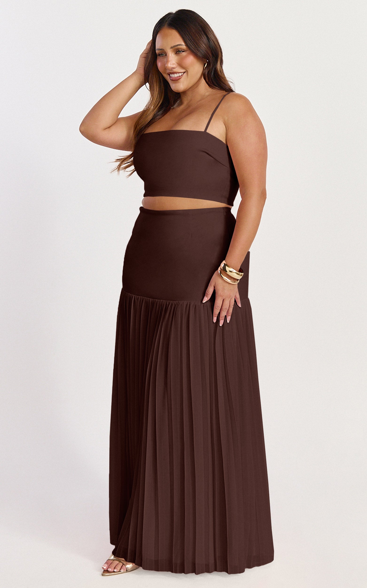 Rowan Two Piece Top and Skirt Set - Square Neck Crop Top and High Waist Pleated Maxi Skirt Set in Chocolate - View 6