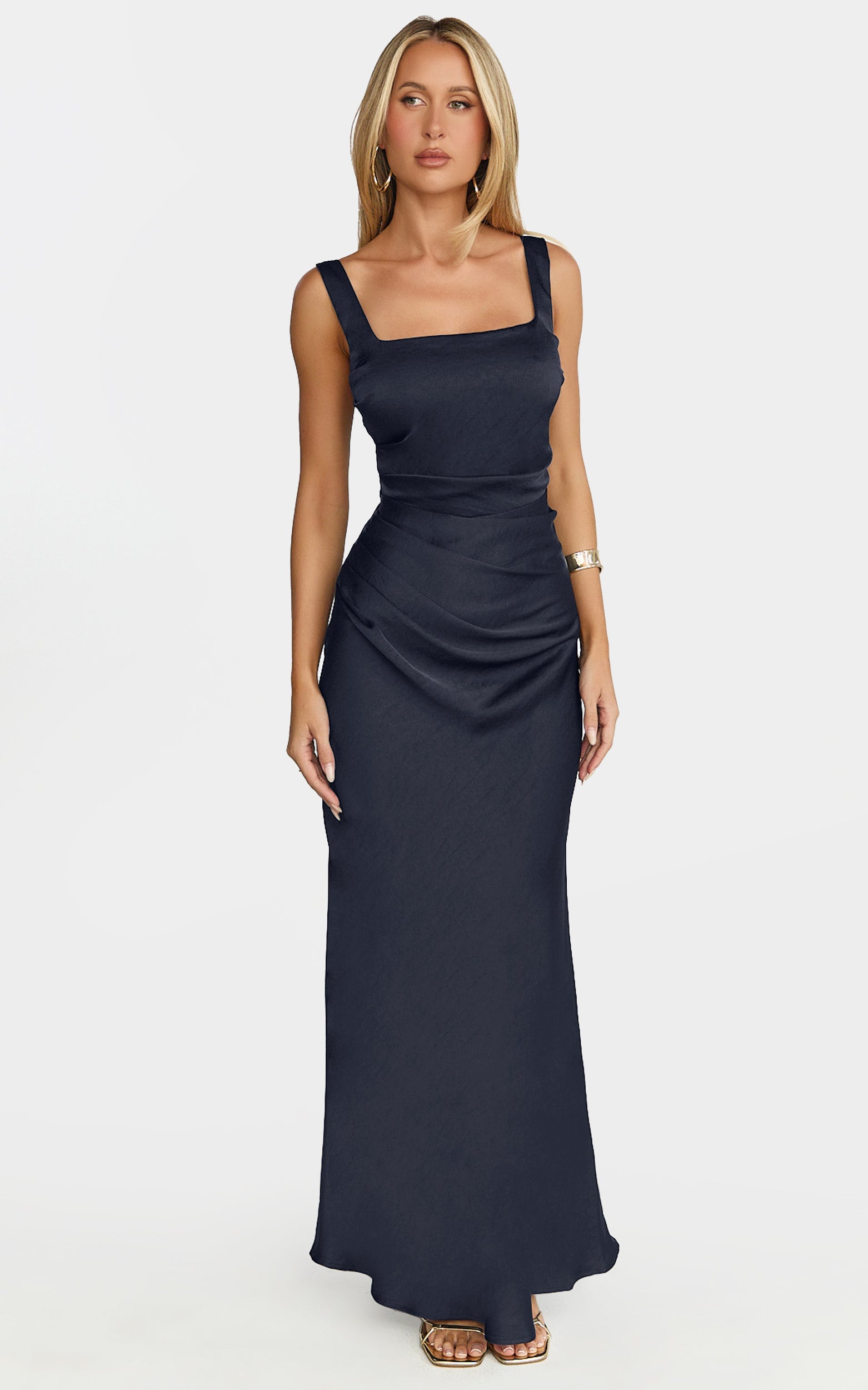Rumi Midi Dress - Ruched Bodice Satin Dress in Navy - View 3