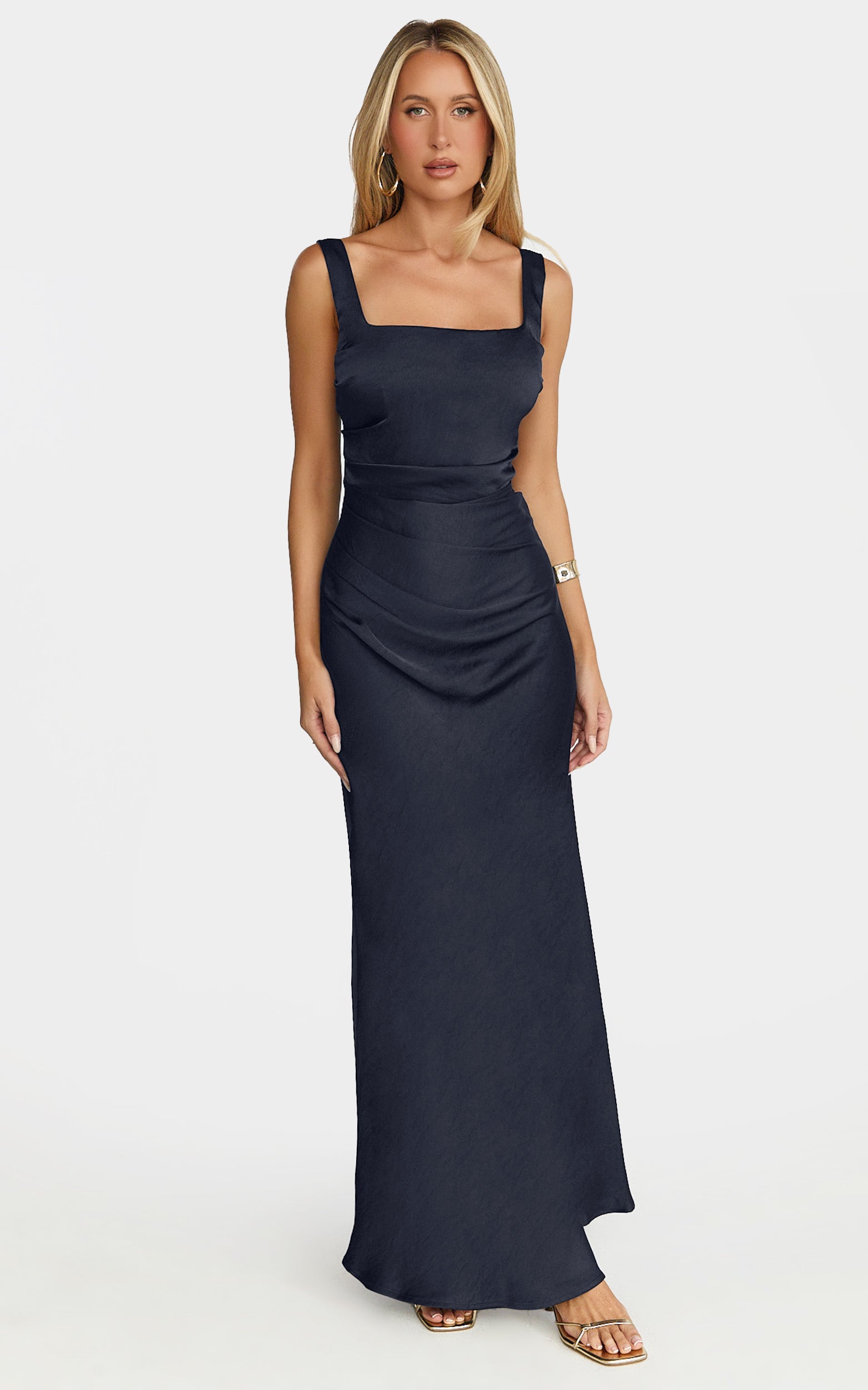 Rumi Midi Dress - Ruched Bodice Satin Dress in Navy - View 1