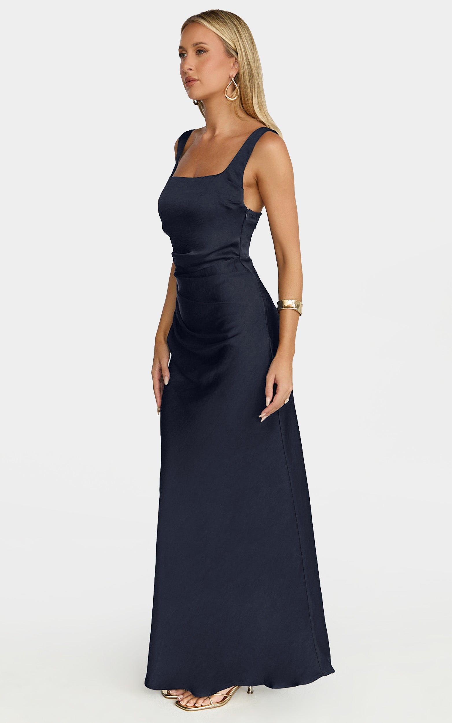 Rumi Midi Dress - Ruched Bodice Satin Dress in Navy - View 5