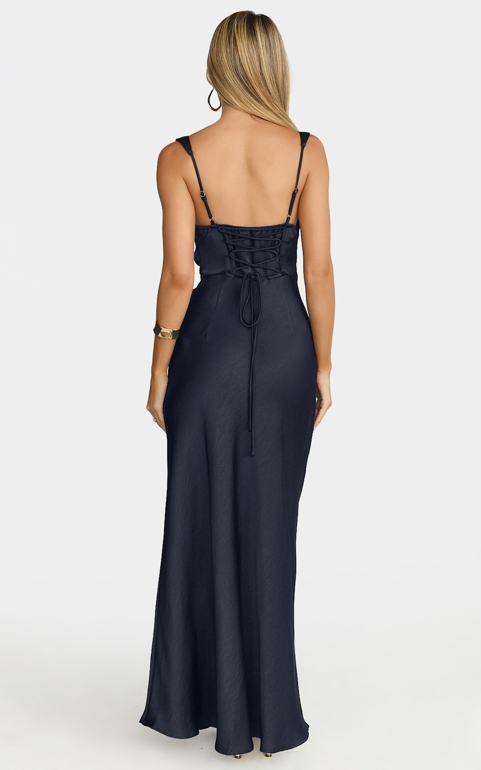 Rumi Midi Dress - Ruched Bodice Satin Dress in Navy - View 2