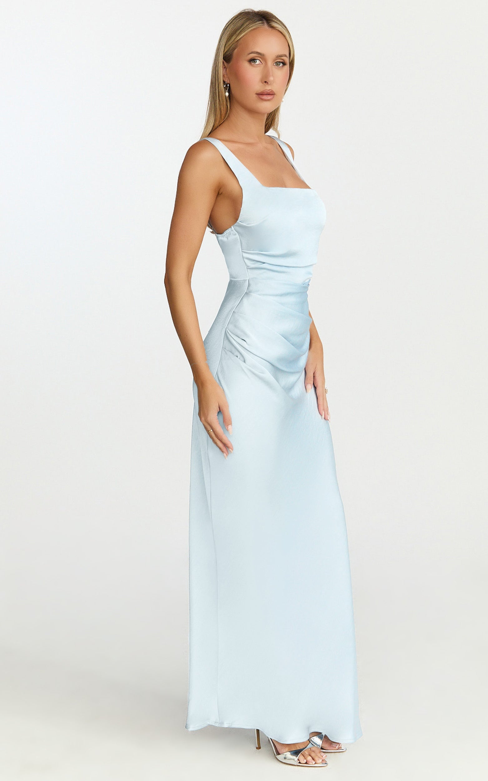 Rumi Midi Dress - Ruched Bodice Satin Dress in Pale Blue - View 5