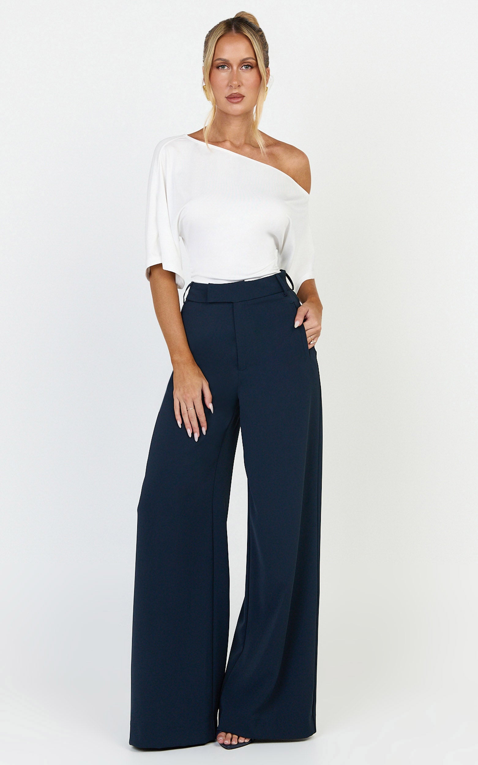 Selena Pants - High Waisted Wide Leg Tailored Pants in Navy - View 3
