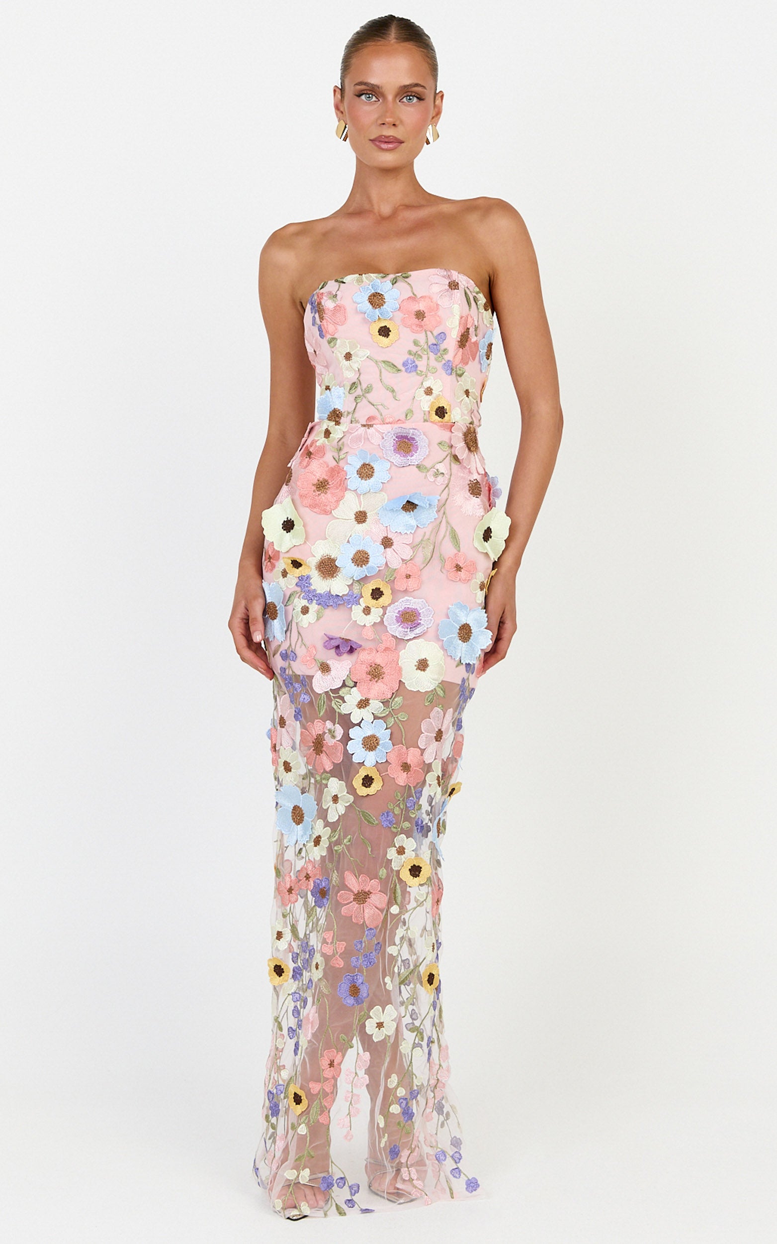 Sienna Maxi Dress - 3D Floral Strapless Column Dress in Multi - View 3