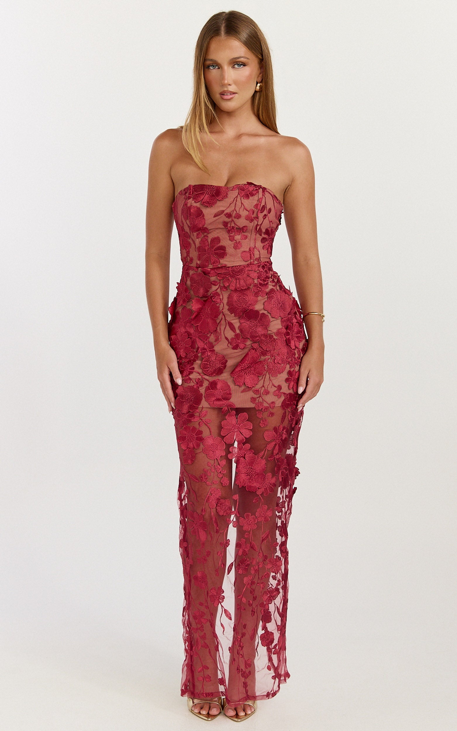 Sienna Maxi Dress - 3D Floral Strapless Column Dress in Wine - View 3