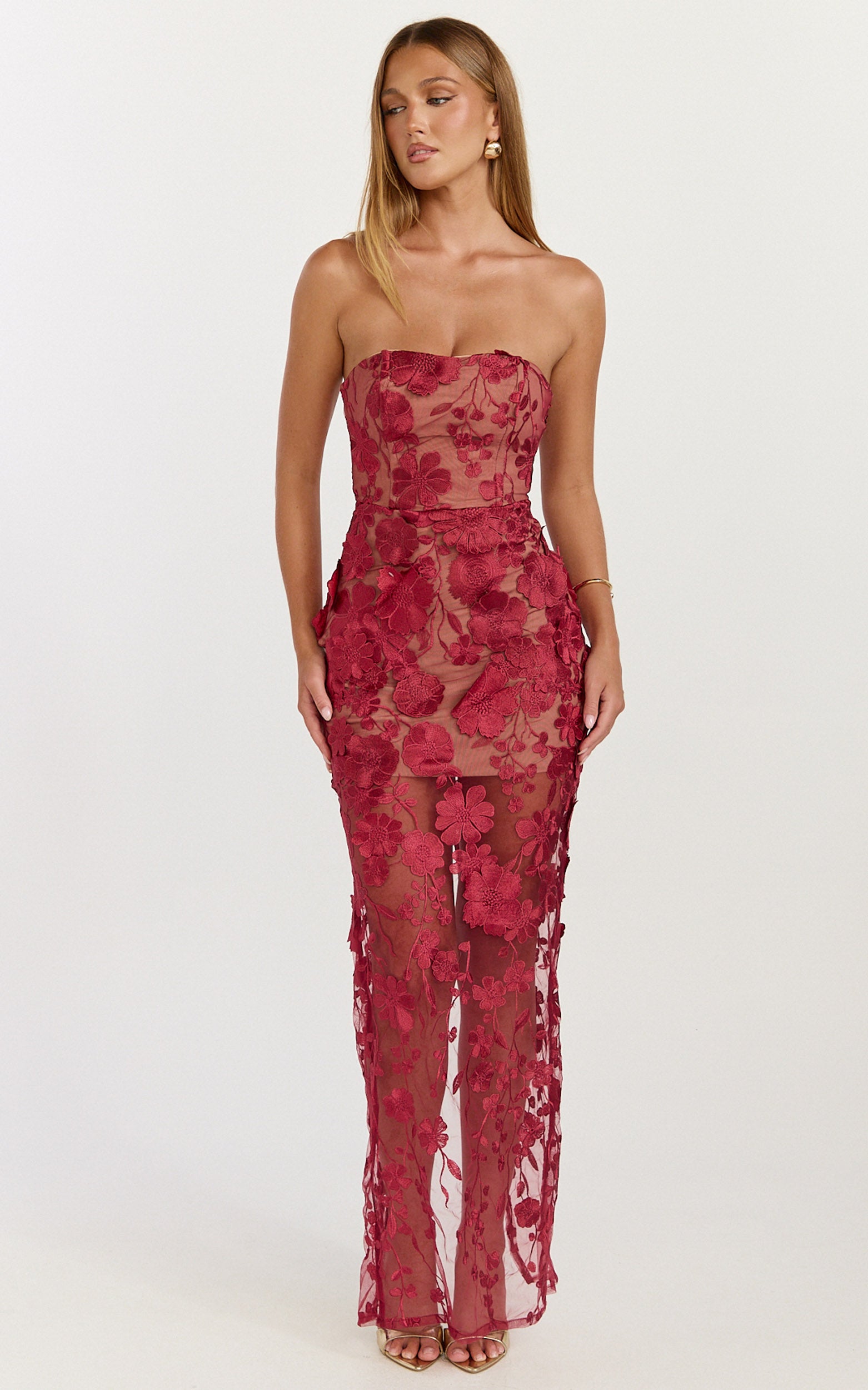 Sienna Maxi Dress - 3D Floral Strapless Column Dress in Wine - View 4