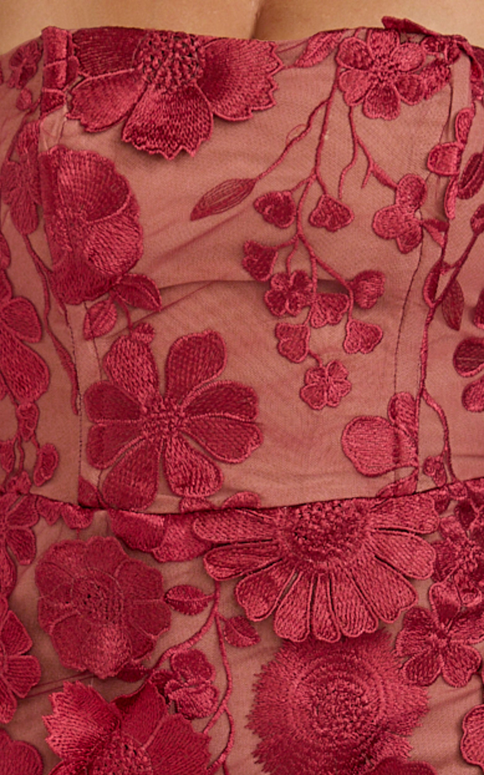 Sienna Maxi Dress - 3D Floral Strapless Column Dress in Wine - View 8