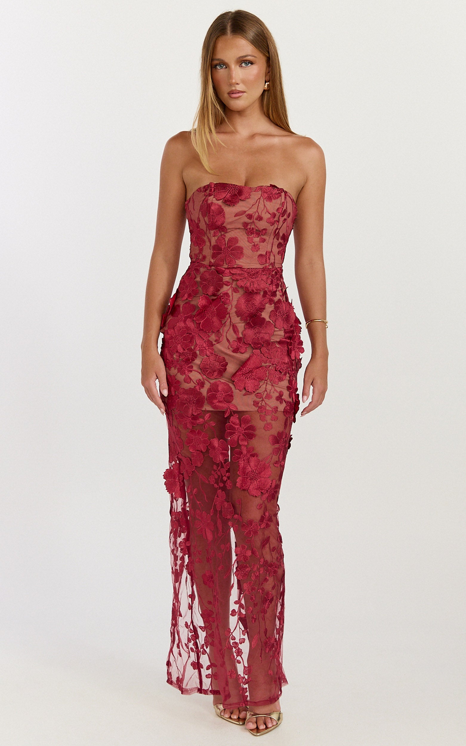 Sienna Maxi Dress - 3D Floral Strapless Column Dress in Wine - View 5