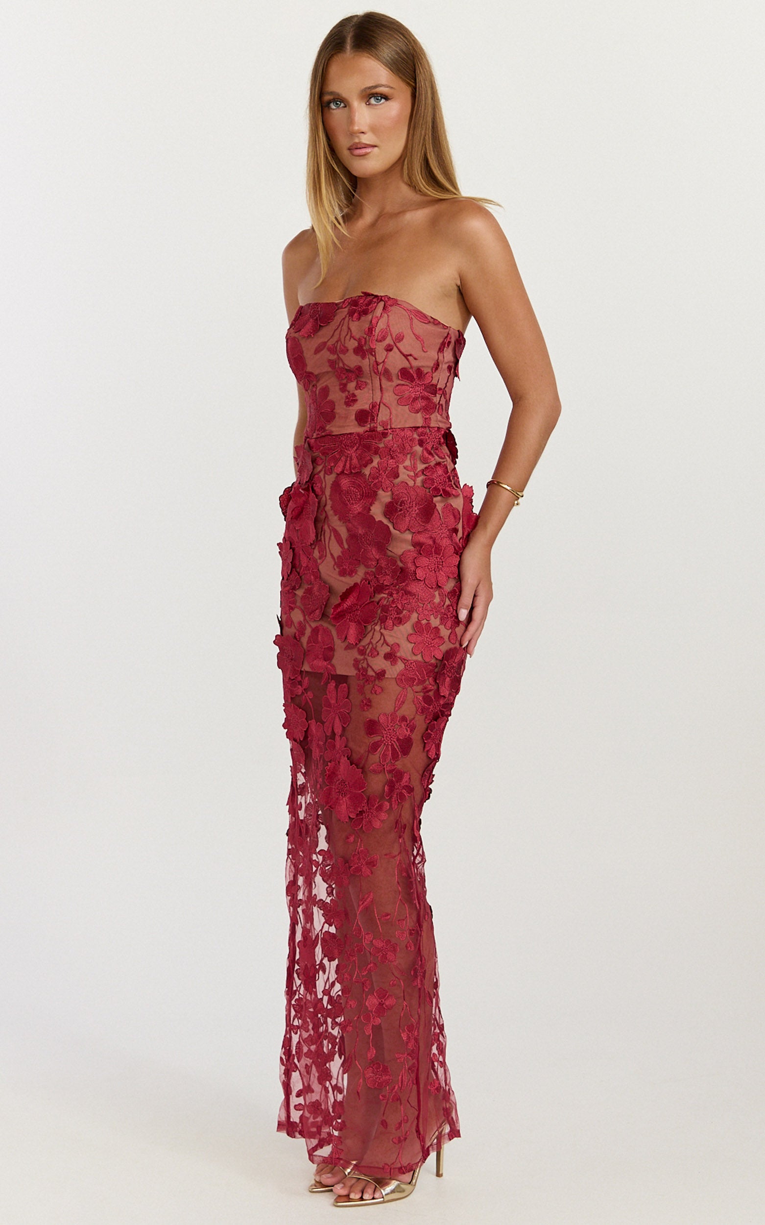Sienna Maxi Dress - 3D Floral Strapless Column Dress in Wine - View 6