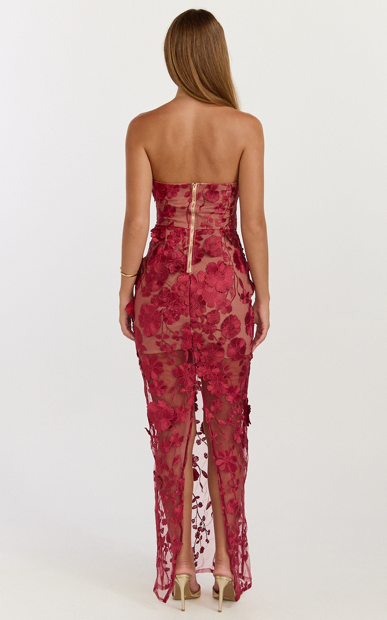 Sienna Maxi Dress - 3D Floral Strapless Column Dress in Wine - View 7